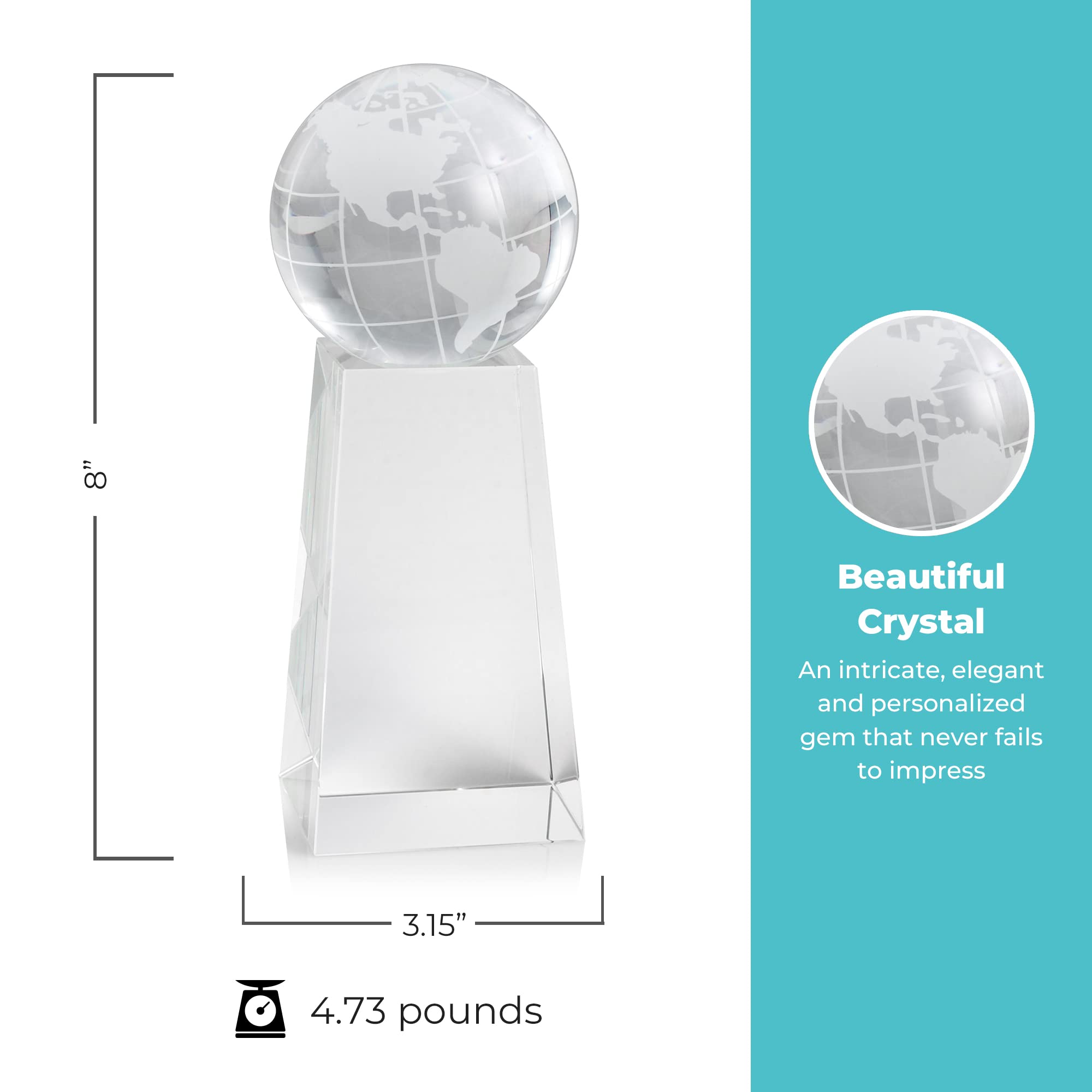Custom Engraved Crystal Trophy Award for Employees - Executive Recognition Gift with Stately Globe on Rectangular Base - Perfect for Corporate Awards, Retirement Gifts & Achievement Celebrations