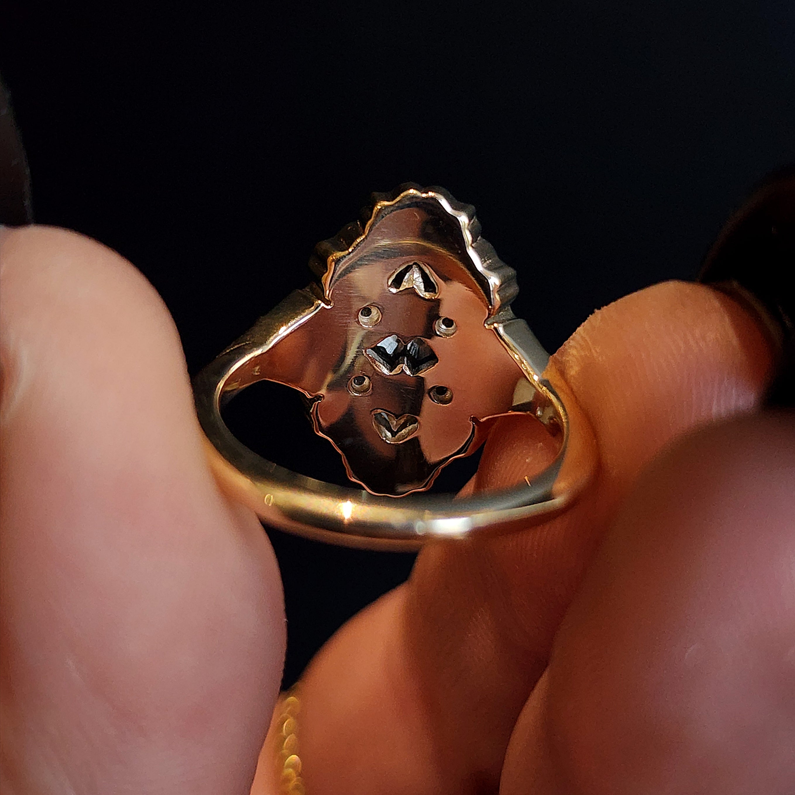 Double Death Head Hawk Moth Shadow Box Ring - 14k Gold Scrolls & Black Diamond Kites - Gothic Jewelry for Men & Women - Perfect for Dark Aesthetic Lovers, Halloween Costumes & Alternative Fashion