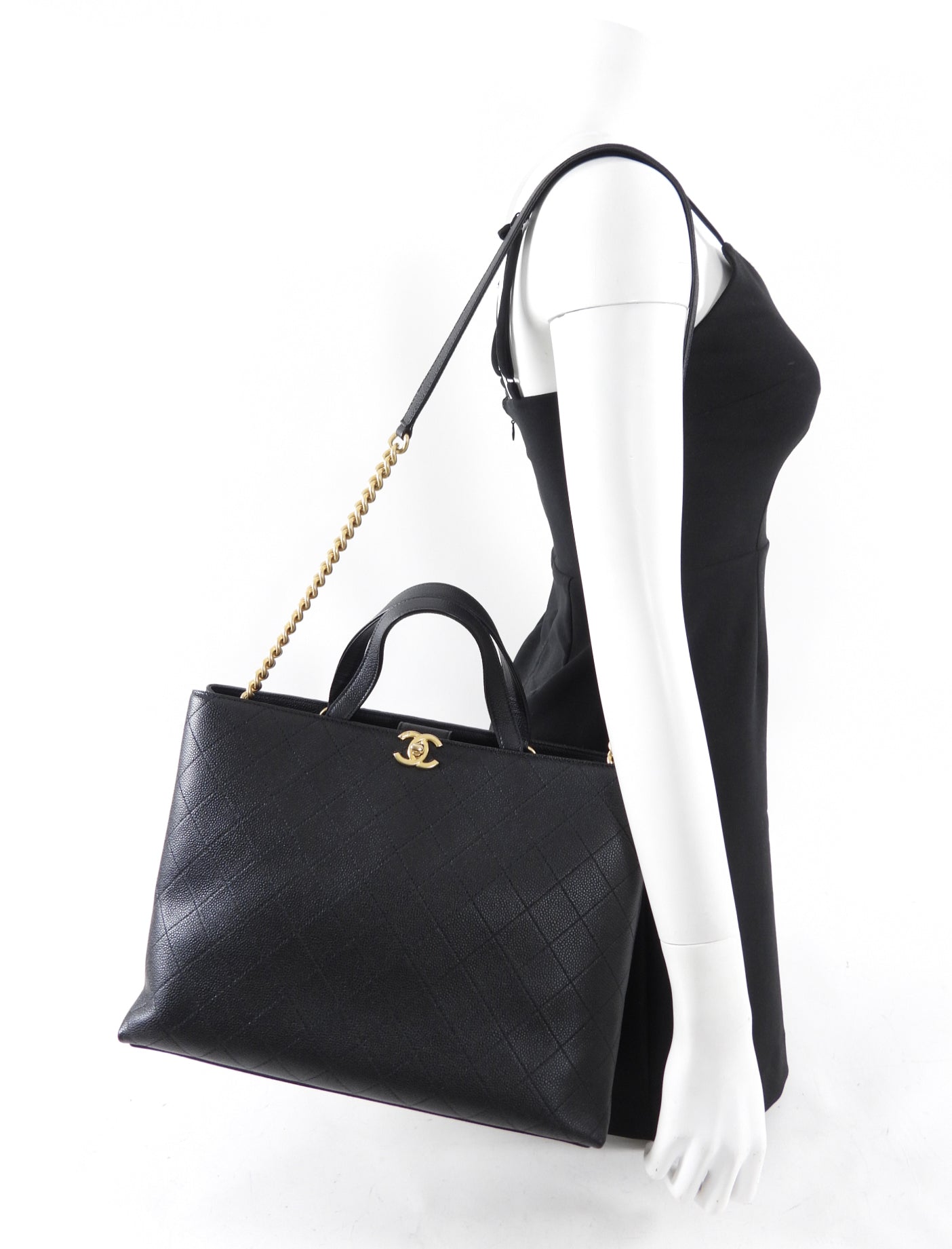 Chanel Black Stitched Caviar Leather Chic Affinity Tote Bag for Women - Luxury Designer Handbag for Work, Travel & Everyday Use