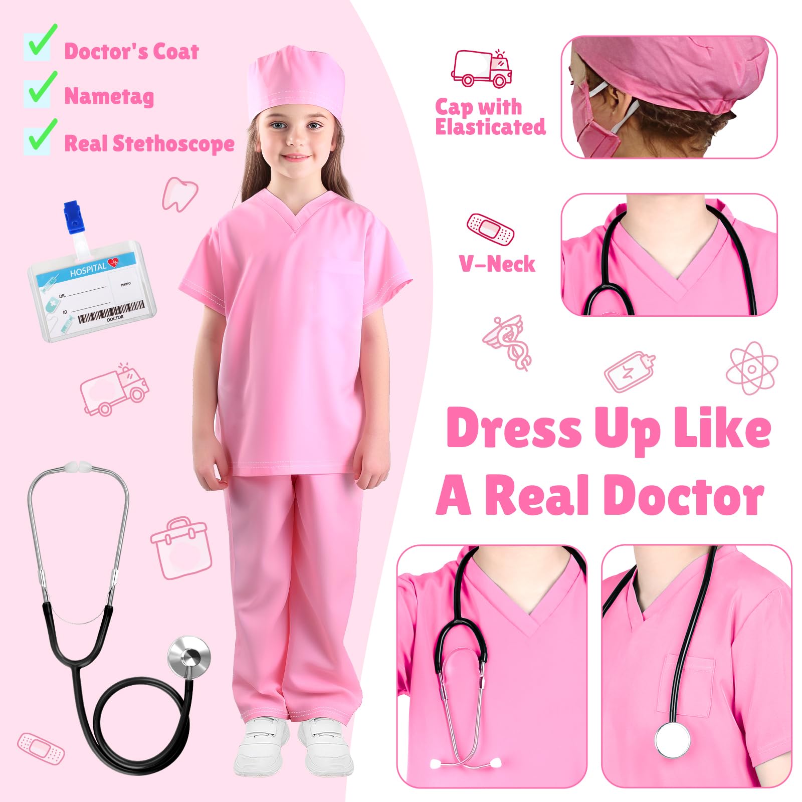 **Doctor Costume for Kids - Toddler Scrubs Set with Stethoscope & Accessories - Halloween Dress Up, Role Play, Pretend Play Costume for Boys & Girls**    *(Perfect for Halloween, School Plays, Birthday Parties, and Doctor-Themed Dress-Up Fun!)*