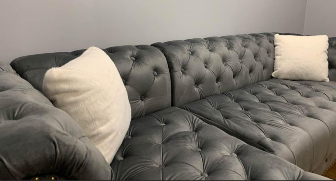 Luxury Grey Velvet Sectional Sofa with White Throw Pillows - Model #2030 | Modern Living Room Furniture for Home & Office Comfort