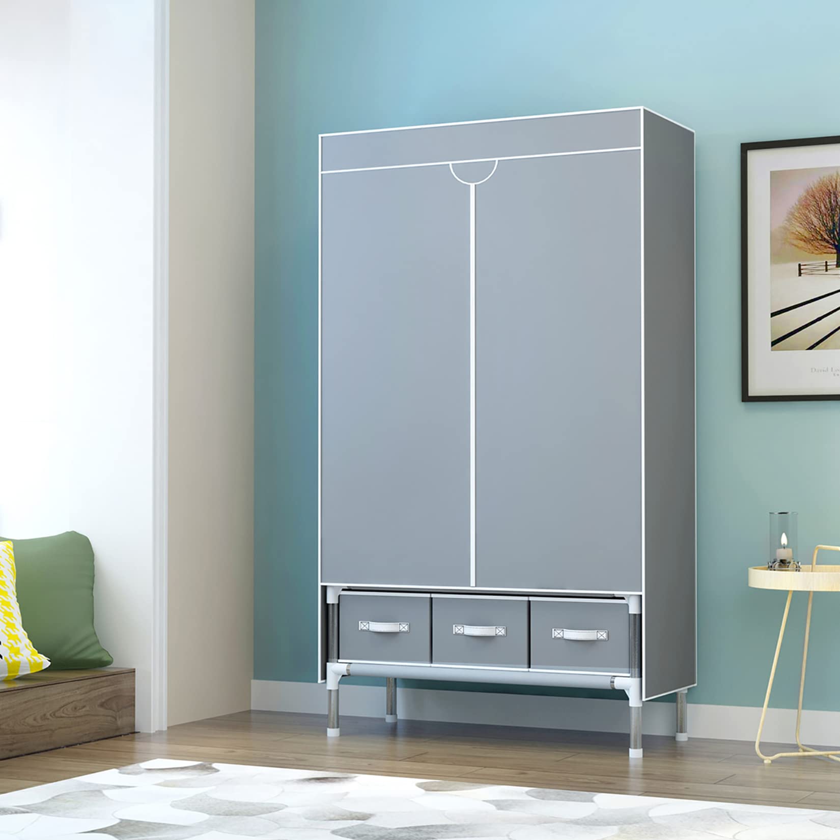 Portable Rolling Wardrobe Closet with Hanging Rack & 3 Drawers - Non-Woven Fabric Storage Organizer for Clothes, No-Tool Assembly, 35.4