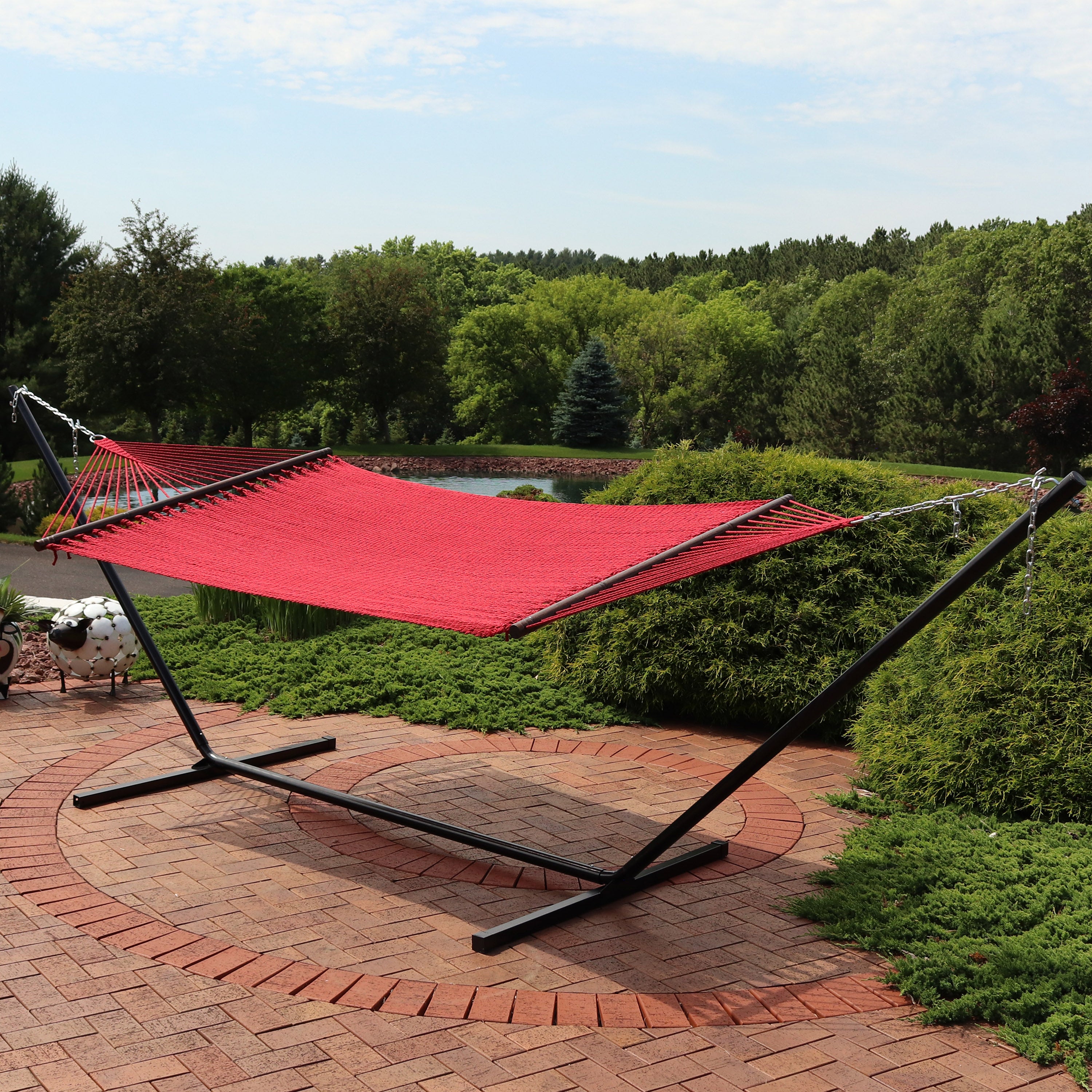 Sunnydaze 2-Person Soft Spun Polyester Rope Hammock with Stand - Portable Outdoor Hanging Bed for Backyard, Patio, Beach & Camping Relaxation