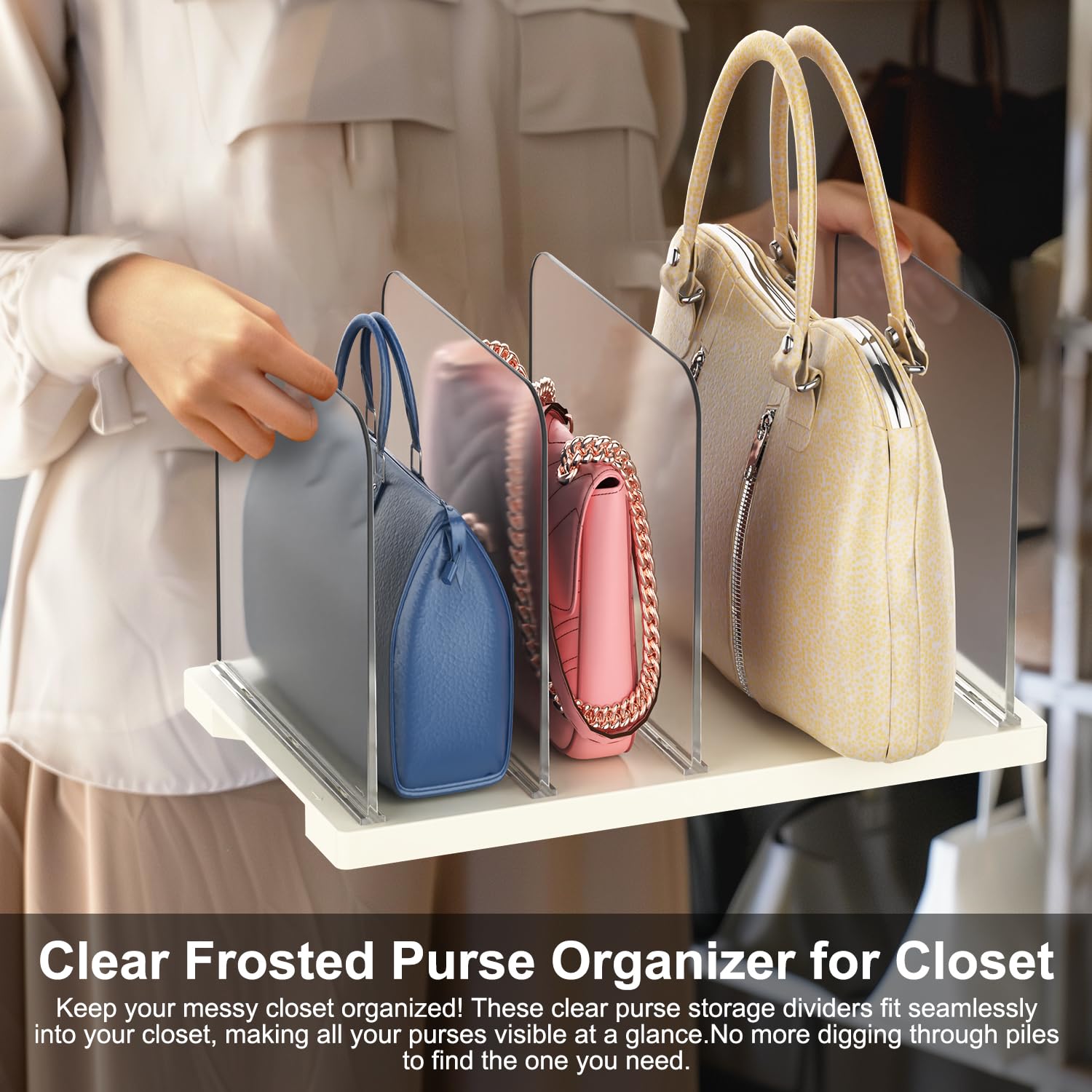 2-Pack Clear Frosted Plastic Shelf Dividers for Closet - Handbag & Purse Organizer with 4 Slots - Perfect for Wallets, Clutches & Bag Storage (Ideal for Closet Organization & Space Saving)