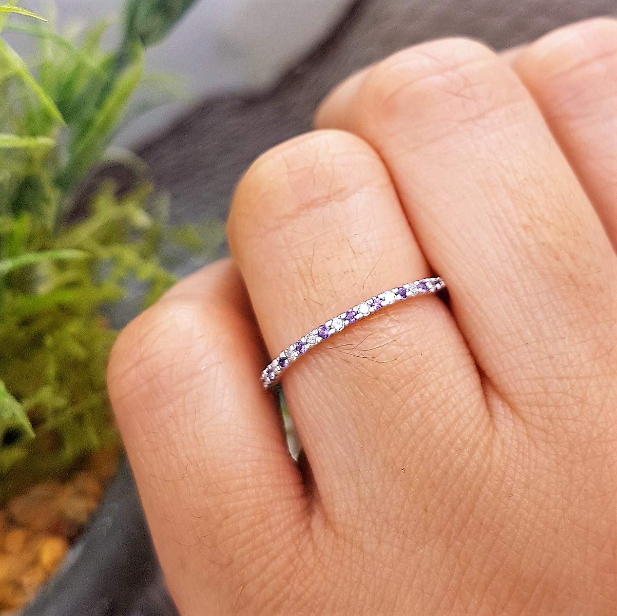 14K Solid Gold Round Amethyst & White Diamond Women's Stackable Ring for Anniversary, Wedding, Engagement - Perfect Gift for Her, Bridal Jewelry, Valentine's Day Present