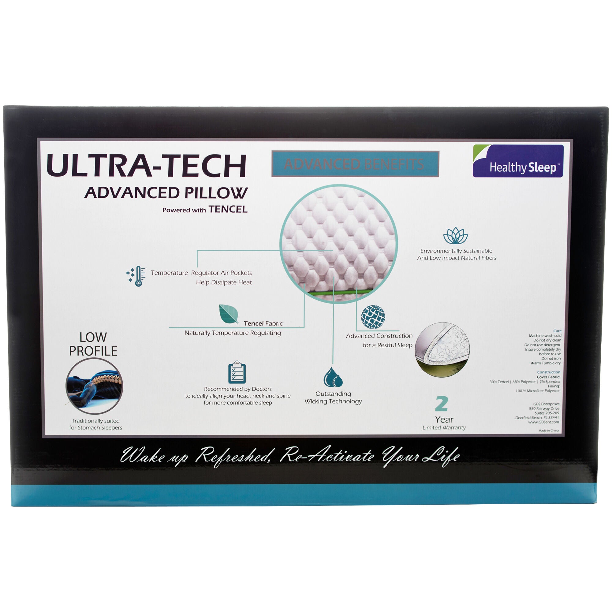 Ultra-Tech Low Profile Pillow for Healthy Sleep - Orthopedic Support for Neck & Back Pain Relief - Perfect for Side, Back & Stomach Sleepers