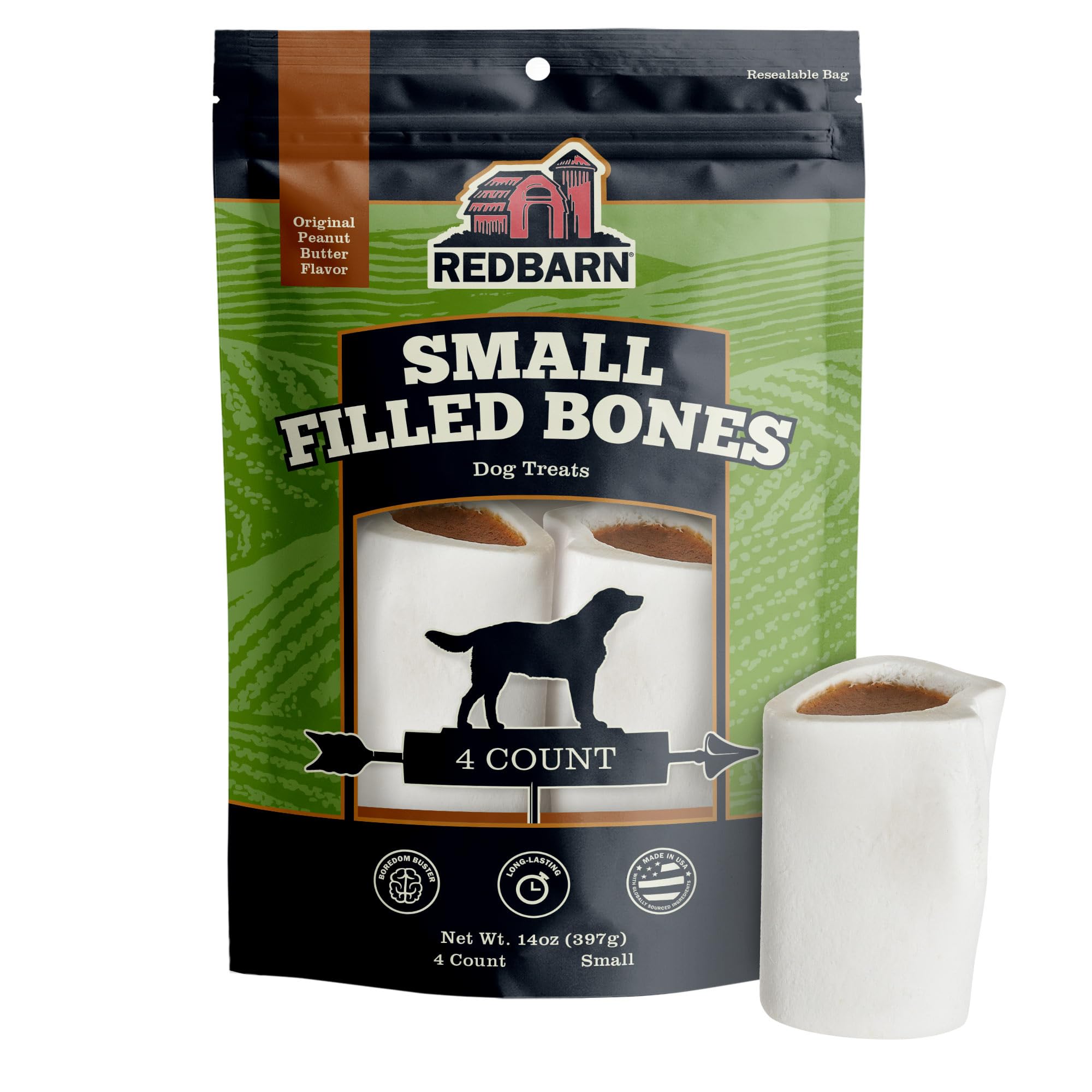 Redbarn Peanut Butter Filled Dog Bones - Long-Lasting Stuffed Femur Chew Treat for Small Dogs - Made in USA - 4 Count (Packaging May Vary) - Perfect for Training Rewards & Dental Health