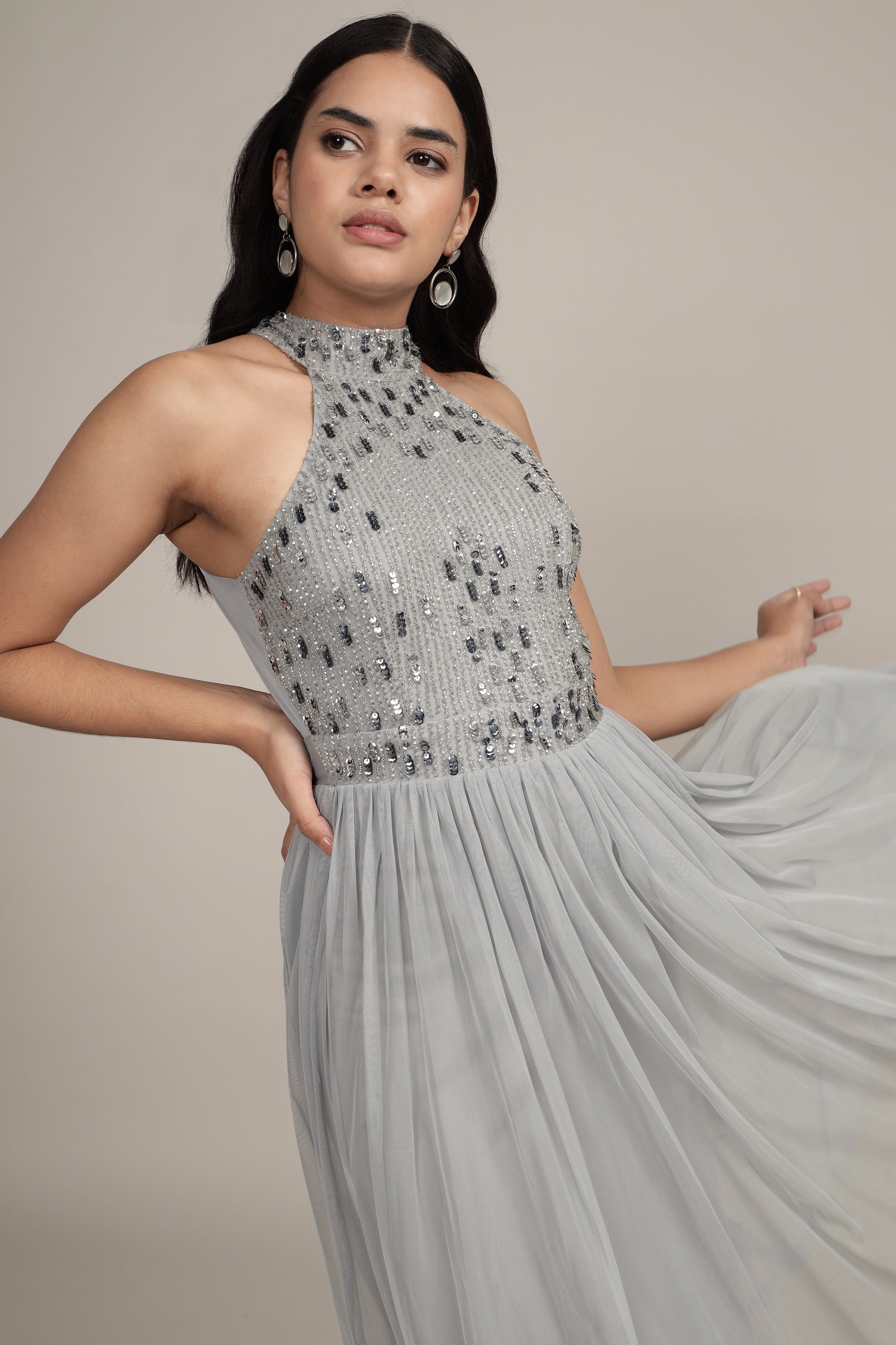 Jessa Midi Dress in Grey - Elegant Women's Casual & Party Dress for Work, Date Night & Special Occasions