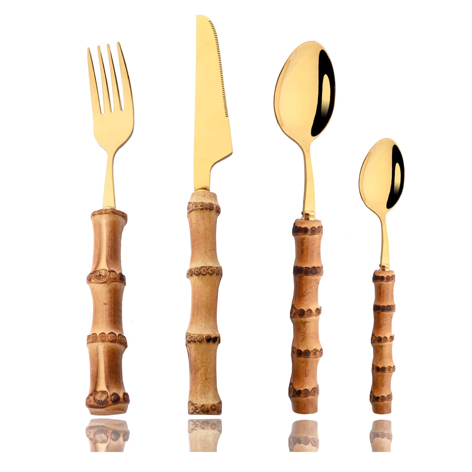 32-Piece Stainless Steel Flatware Set with Natural Bamboo Handles - Includes Forks, Spoons & Knives - Perfect for Everyday Dining, Dinner Parties & Gifts