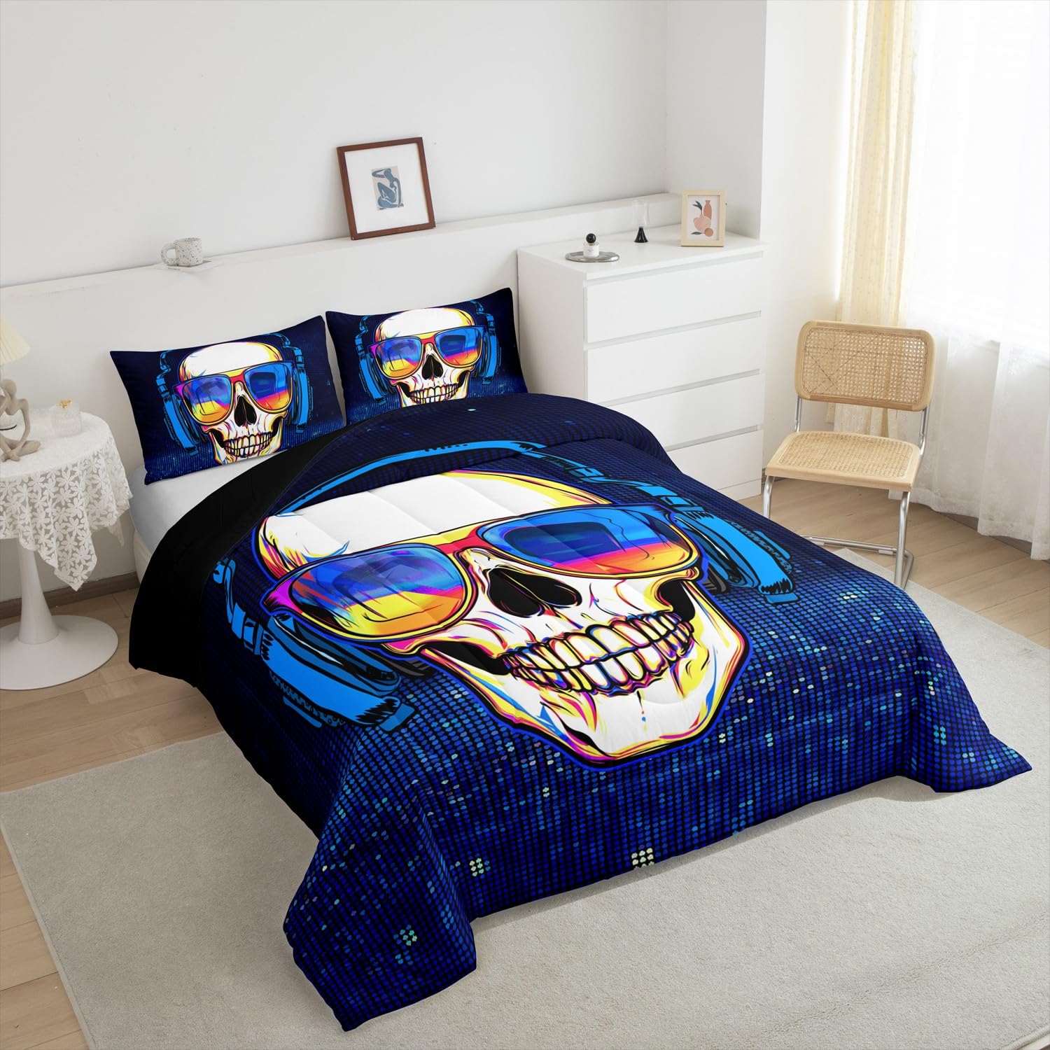 Erosebridal Punk Rock Skull Comforter Set - Gothic Music Theme Bedding for Teens & Boys, Black & Blue Queen Size Duvet Cover | Perfect for Rock Music Lovers' Bedroom Decor & Alternative Fashion Style