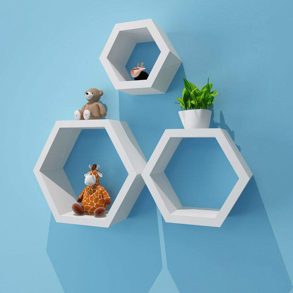 Hexagon Floating Shelf Set - Wood Wall Mounted Shelves for Collectibles, Photo Frames & Plants - Modern Geometric Wall Decor for Living Room, Bedroom, Bathroom - Perfect for Home Organization & Stylish Display (White)