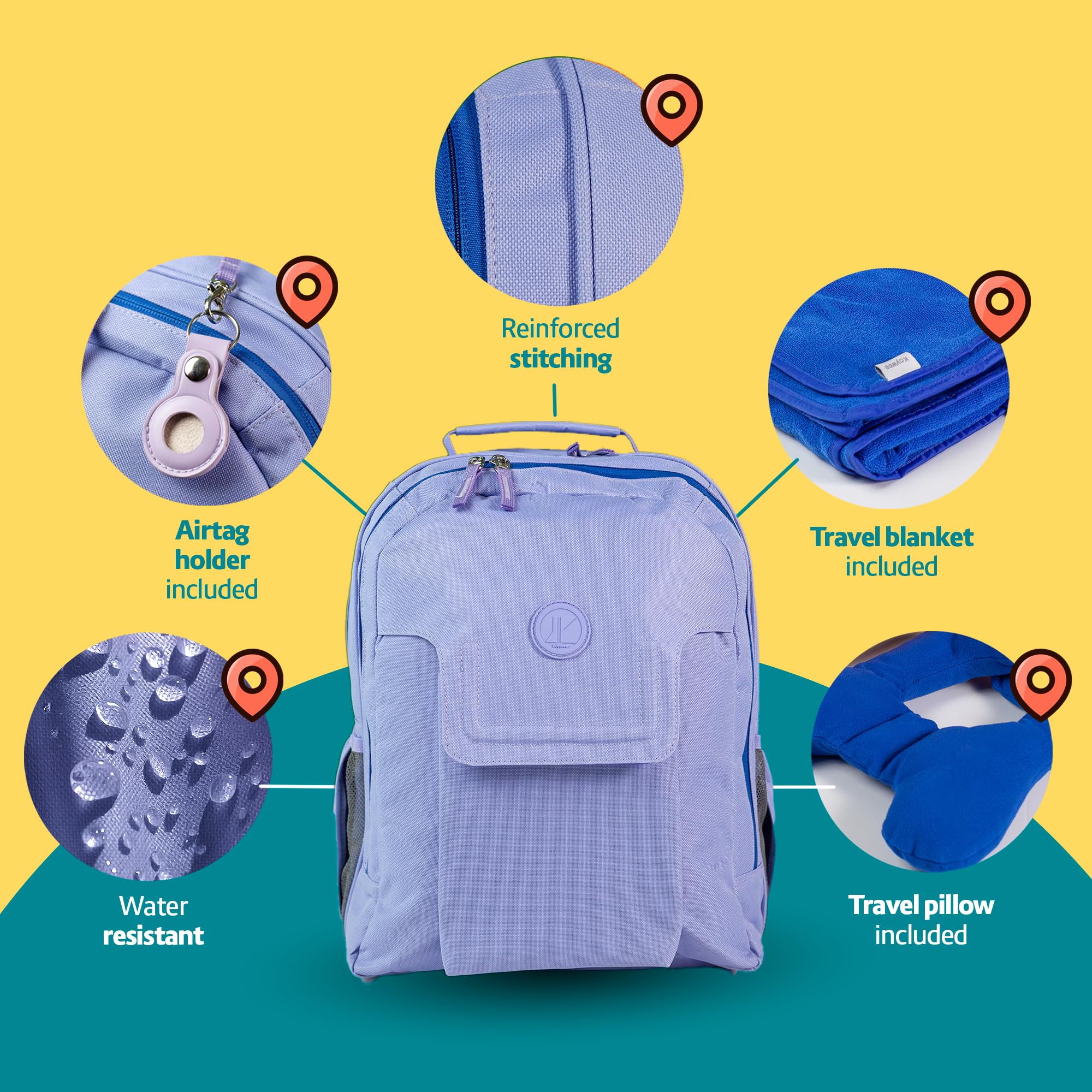 3pc Kids Travel Backpack Set with Blanket & Pillow - AirTag Holder Included - Toddler Road Trip Essentials for Ages 4-10 - Purple Backpack for Airplane, Car Rides & Sleepovers