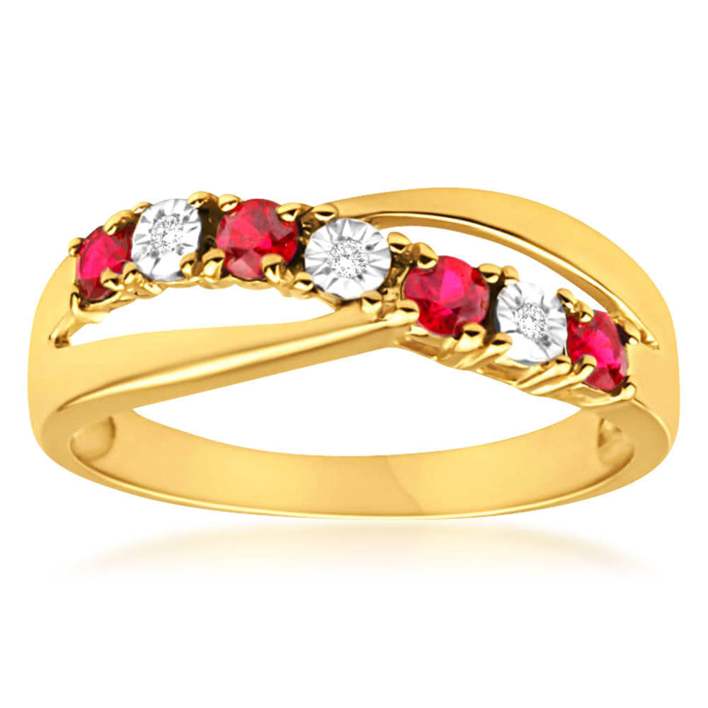 9ct Yellow Gold 4 Created Ruby and 3 Diamond Ring for Women - Elegant Vintage Style Jewelry for Engagement, Anniversary & Special Occasions