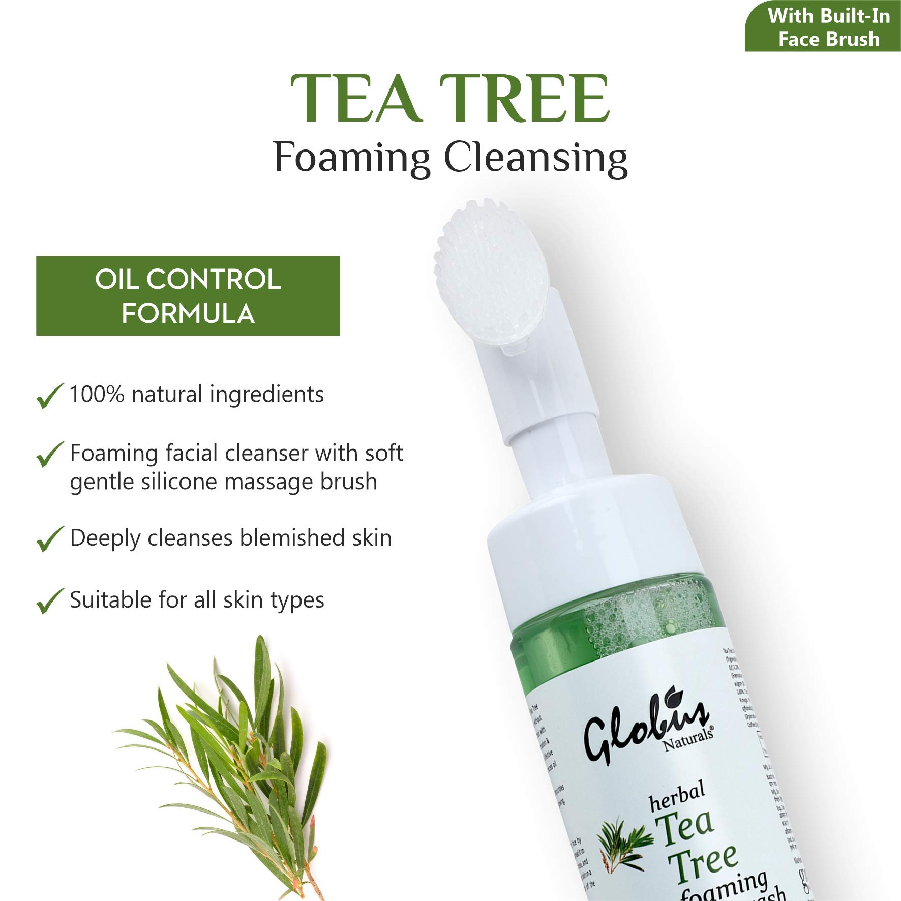 Globus Naturals Tea Tree Acne Control Foaming Face Wash with Silicone Face Massage Brush 150ml - Deep Cleansing for Oily & Acne-Prone Skin | Perfect for Daily Skincare Routine