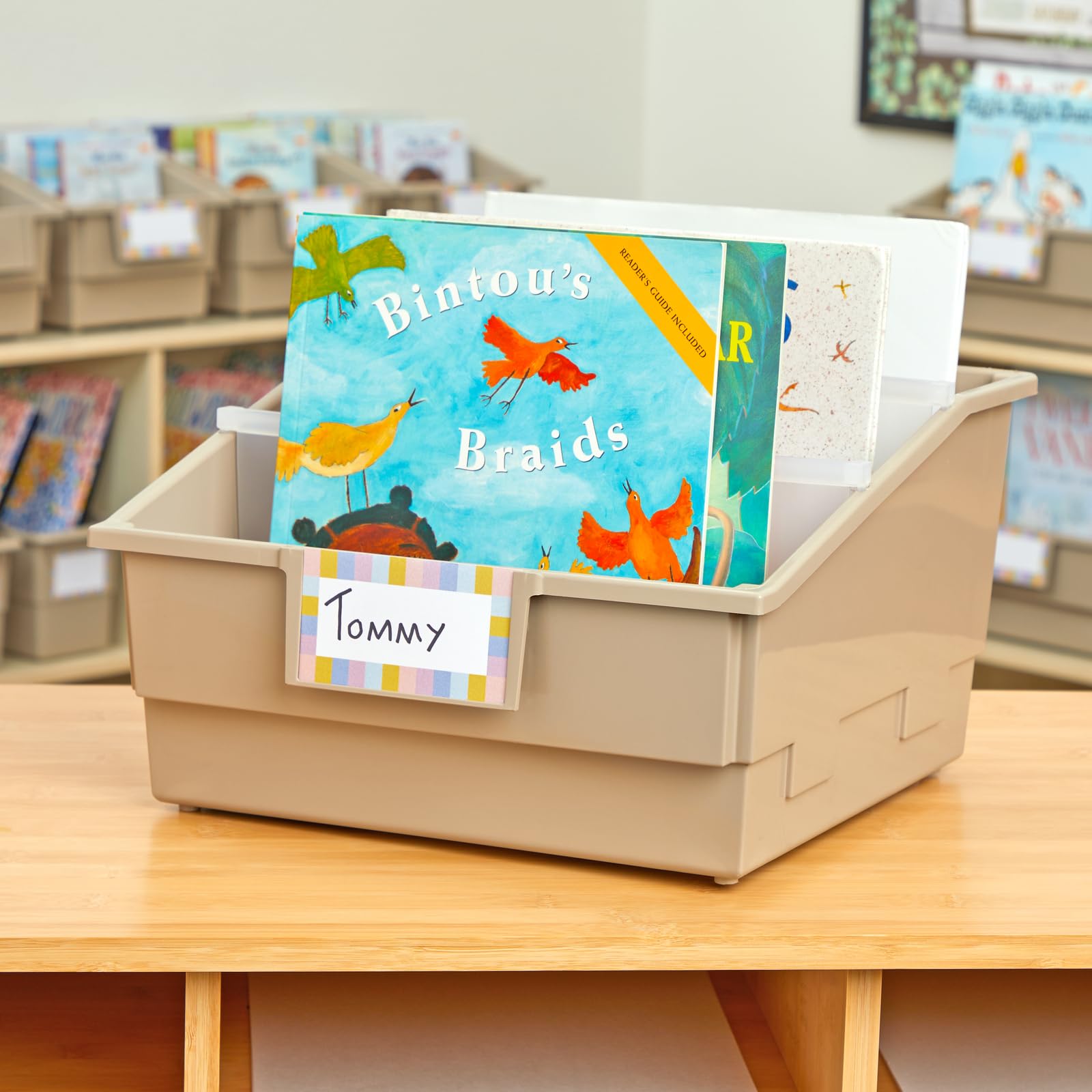 Really Good Stuff 6-Pack Tan Picture Book Classroom Library Bins with Dividers - Durable Book Storage Organizer for School, Classroom, and Home Reading Corners
