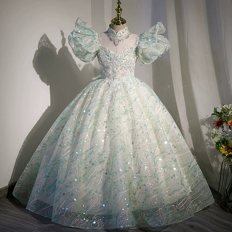 Elegant Mint Green Princess Floor-Length Sequined Flower Girl Dress for Weddings, Pageants & Special Occasions