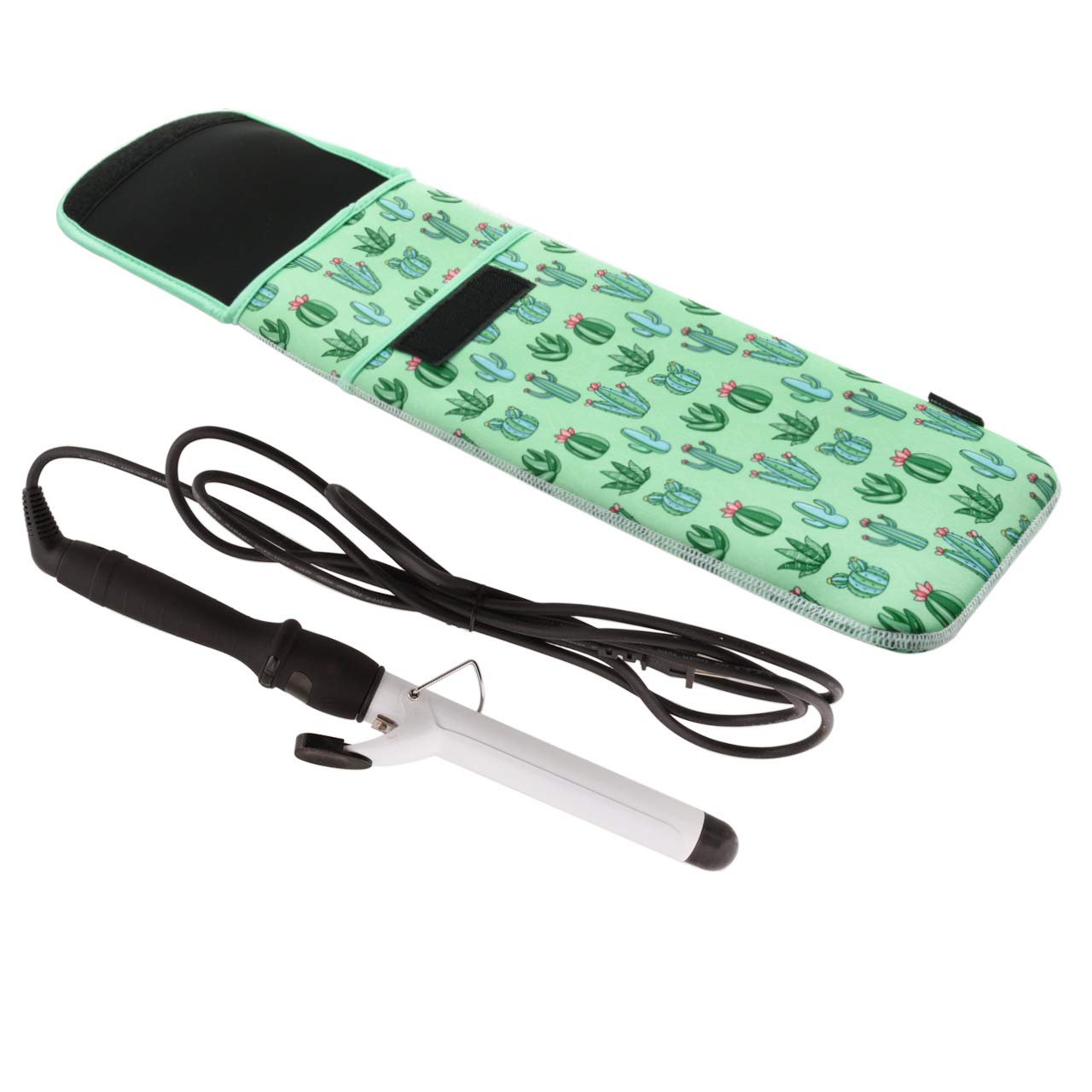Heat Resistant Neoprene Curling Iron Holder - 15 x 5 Inch Travel Case for Flat Iron & Curling Wand (Green Cactus Pattern) | Perfect for Salon, Home Use & Travel Accessories