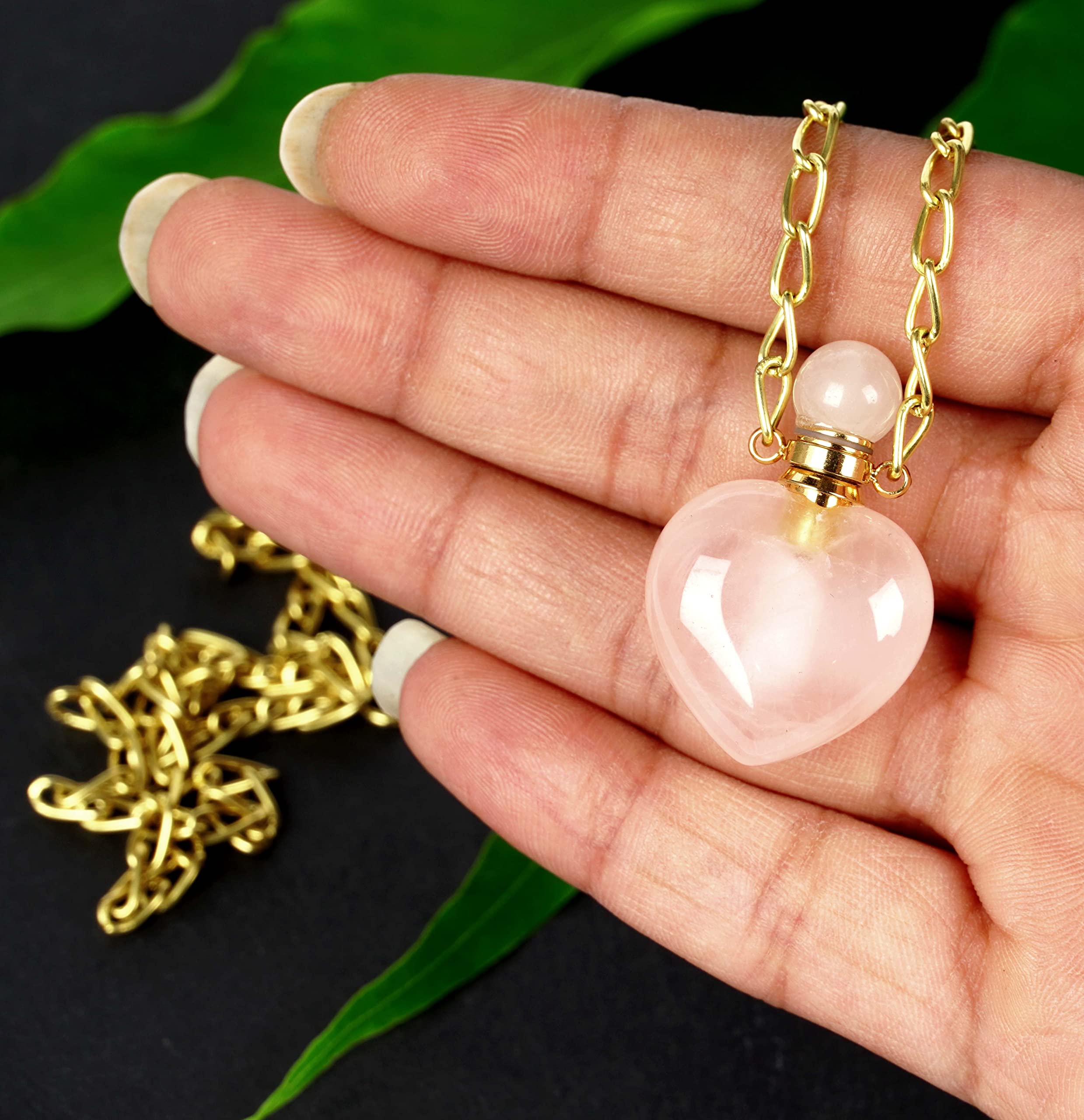 Natural Rose Quartz Pendant Necklace - Healing Crystal Gemstone Perfume Bottle Essential Oil Diffuser with Gold Plated Chain for Men & Women | Spiritual Healing, Meditation & Fashion Jewelry Gift