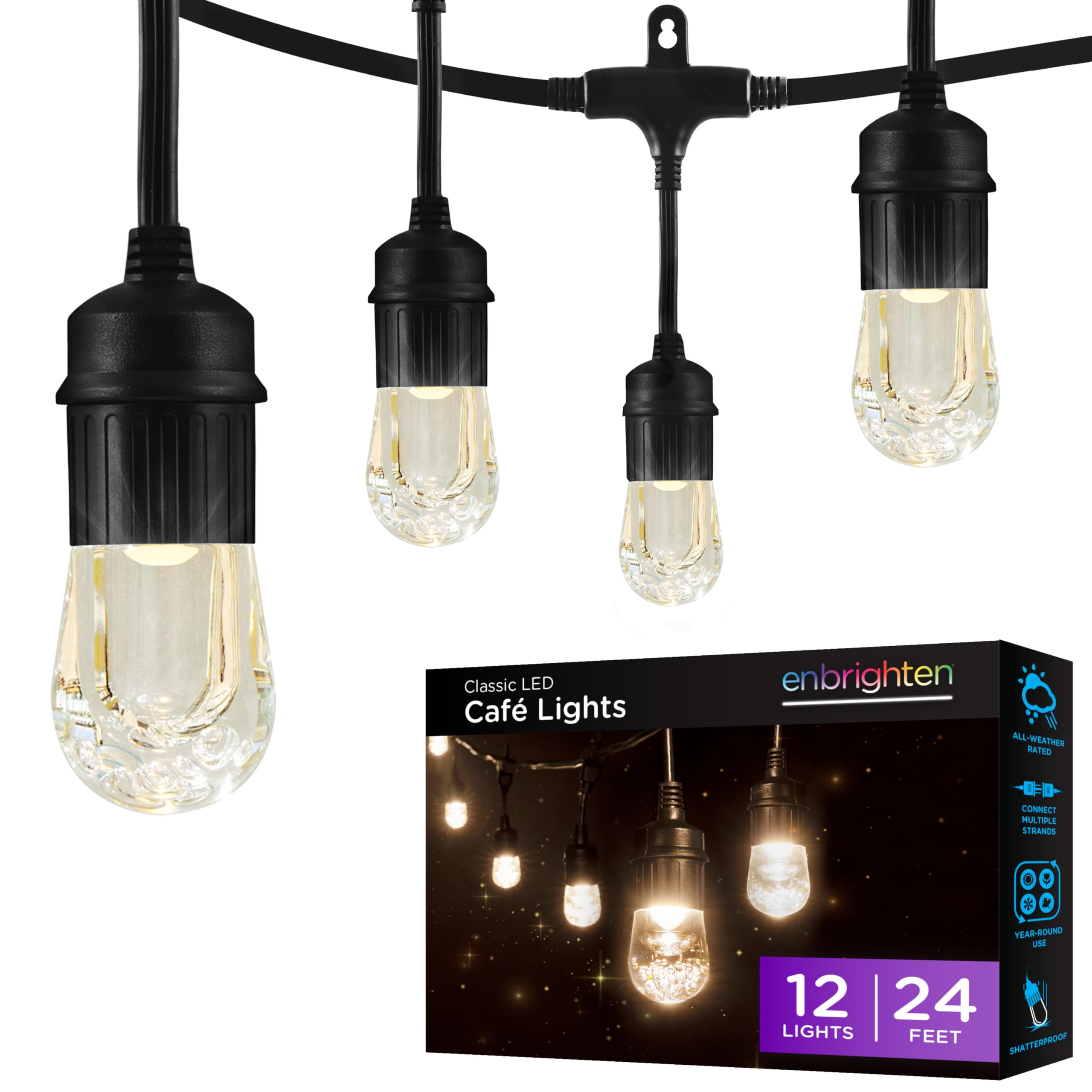 Enbrighten 24ft Outdoor String Lights with 12 Shatterproof Acrylic Bulbs - Classic Warm White LED Lights, Black Weatherproof Cord for Patio, Garden, Backyard & Wedding Decor
