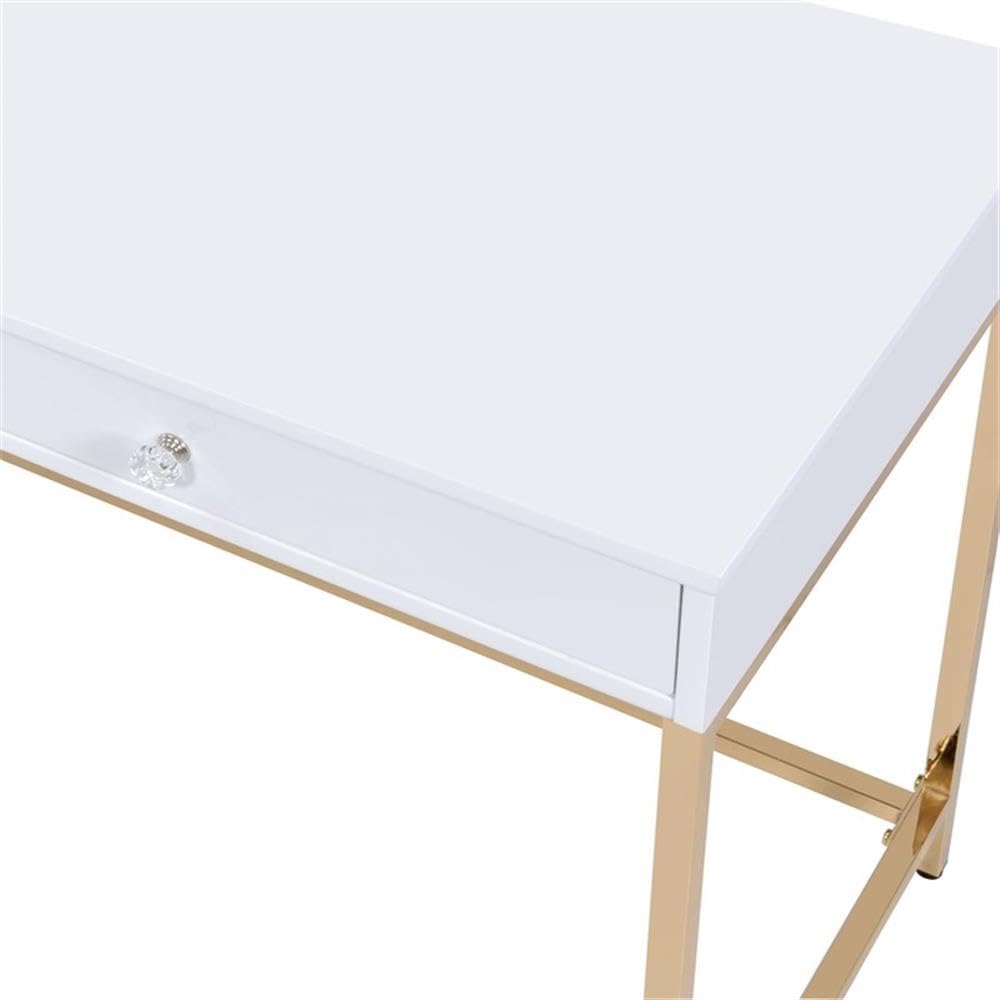 Acme Ottey 2-Drawer White High Gloss Vanity Desk with Gold Metal Legs - Perfect for Bedroom Makeup & Dressing Table, Home Office Workspace