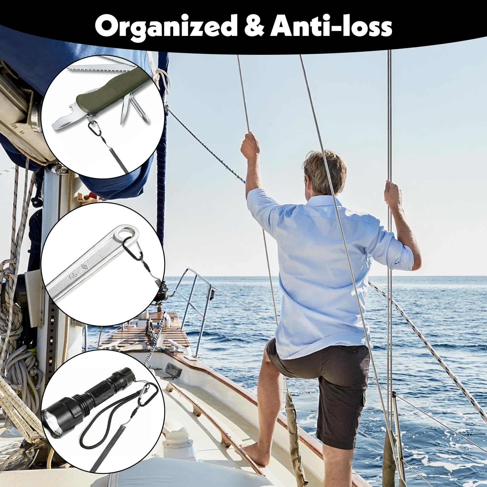 Heavy Duty Fishing Lanyard with Carabiner - 4Pcs Stretchy Coiled Keychain for Fishing Rod & Tools (Black/Transparent) - Perfect for Anglers & Handymen