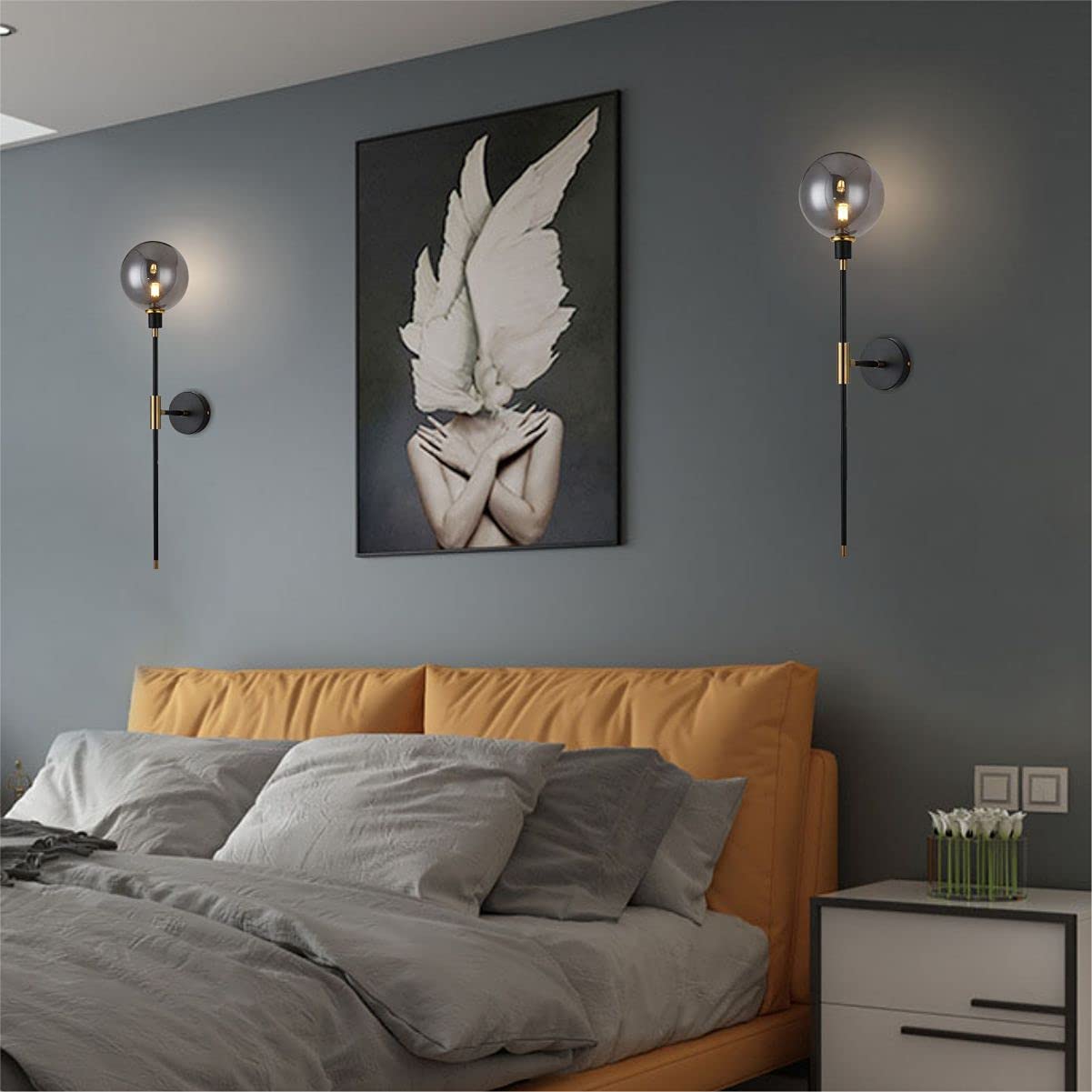 Modern Glass Globe Wall Sconce Light Set of 2 - Brass & Black Contemporary Lighting with Smoke Glass for Hallway, Bedroom, or Living Room - Large Long Sconce Wall Lights for Home Decor
