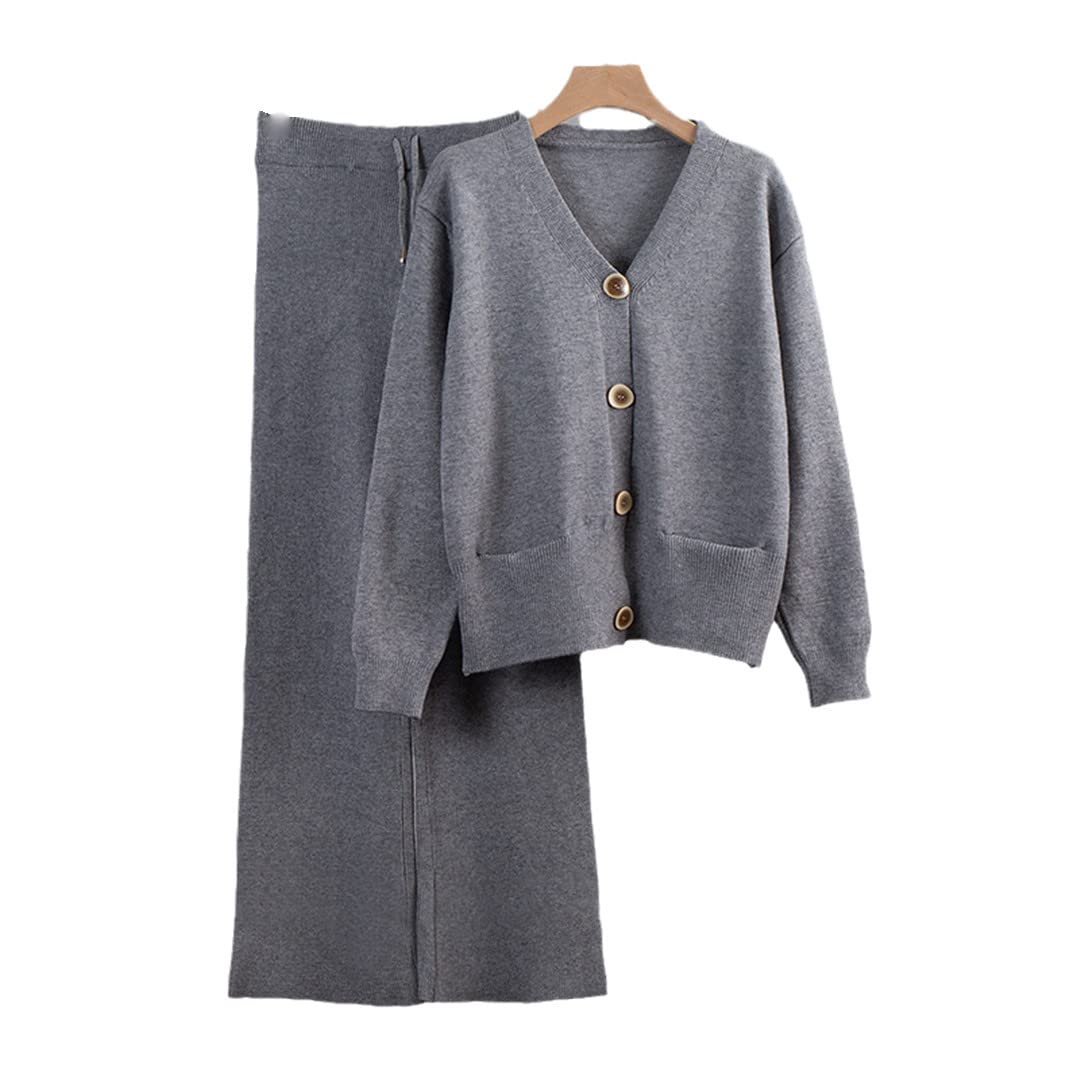 2-Piece Knitted Pants Set for Women - Soft V-Neck Cardigan & High Waist Loose Pants | Cozy Lounge Wear & Casual Outfit for Home, Office & Travel