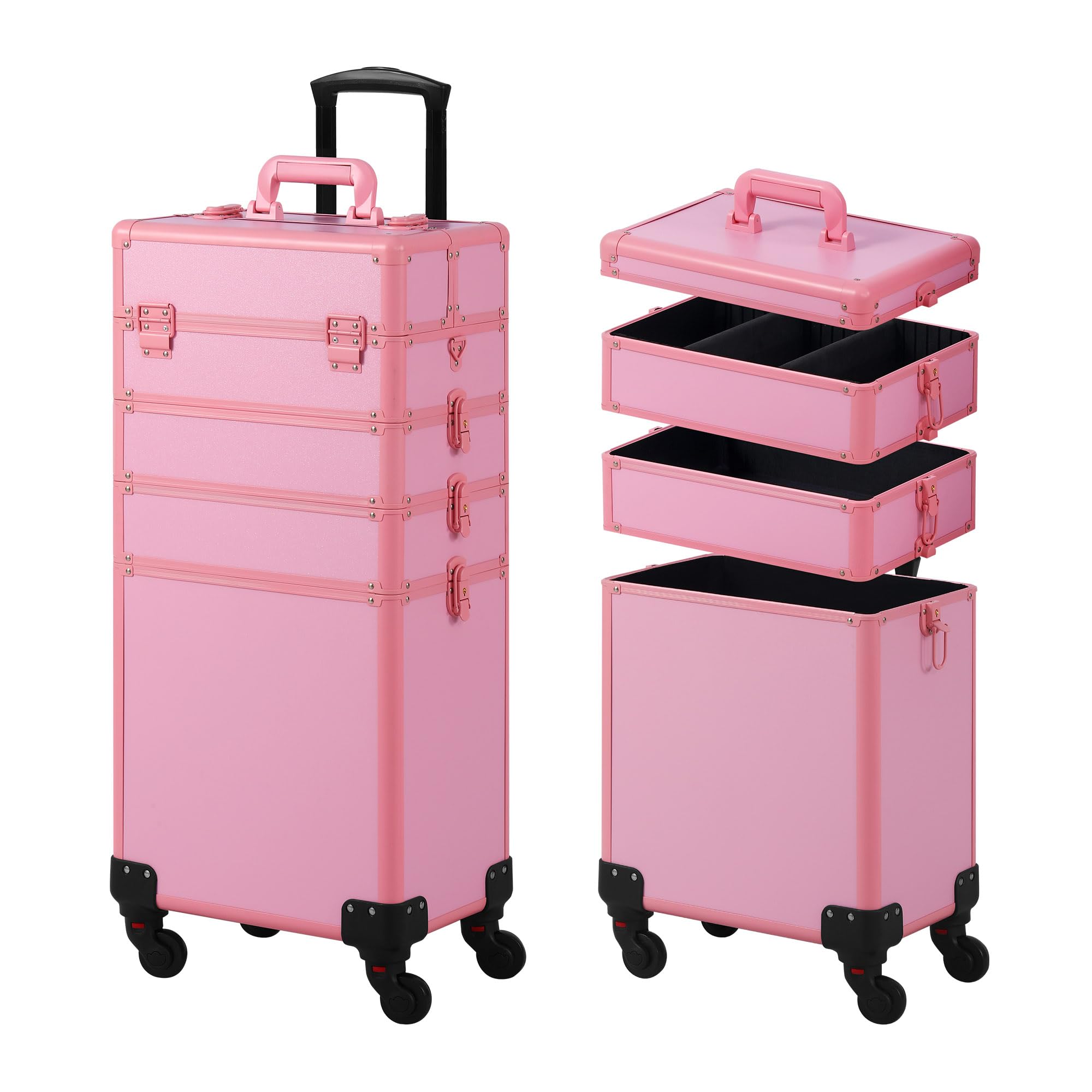 Professional Rolling Makeup Train Case with Lid - 5-in-1 Cosmetic Organizer on Wheels for Salon, Barber & Travel | Large Pink Cosmetology Case | Perfect Christmas Gift for Makeup Artists & Stylists