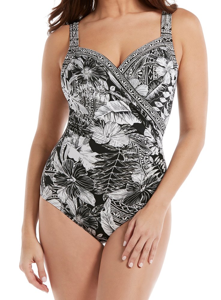 Miraclesuit Women's One Piece Swimsuit - Slimming Sanibel Tummy Control Underwire Bathing Suit, Black/White, Size 14 | Perfect for Beach Vacations, Pool Parties & Summer Getaways