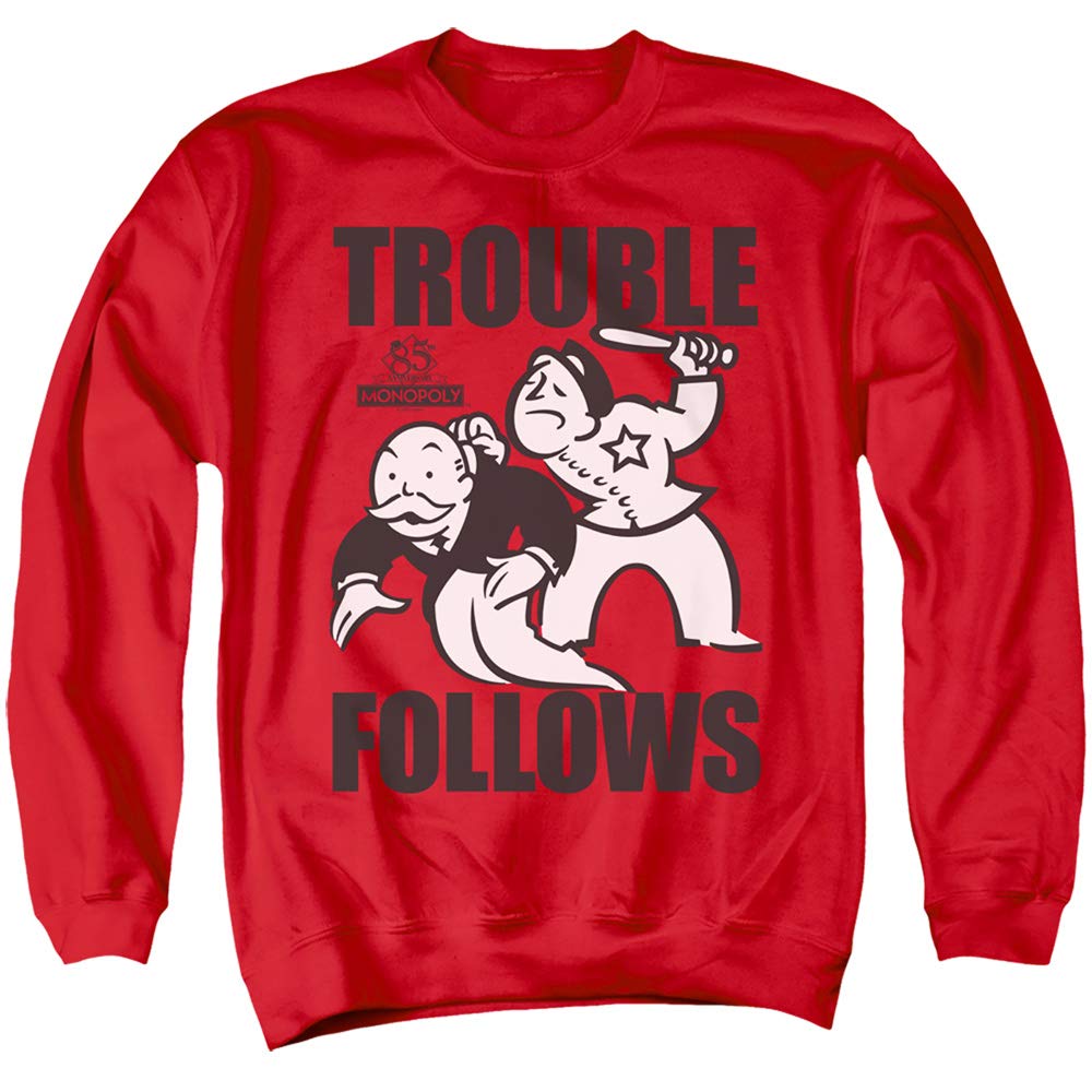 Monopoly Game Inspired Sweatshirt - 'Trouble Follows' Red Pullover Hoodie for Board Game Fans & Casual Wear