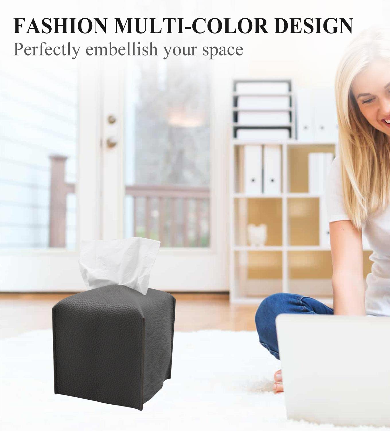 Livelab Square PU Leather Tissue Box Cover - Modern Decorative Tissue Holder for Bathroom, Vanity, Nightstand, Desk & Car (5x5x5 Inches, Dark Gray) | Home Office & Car Organization Accessory