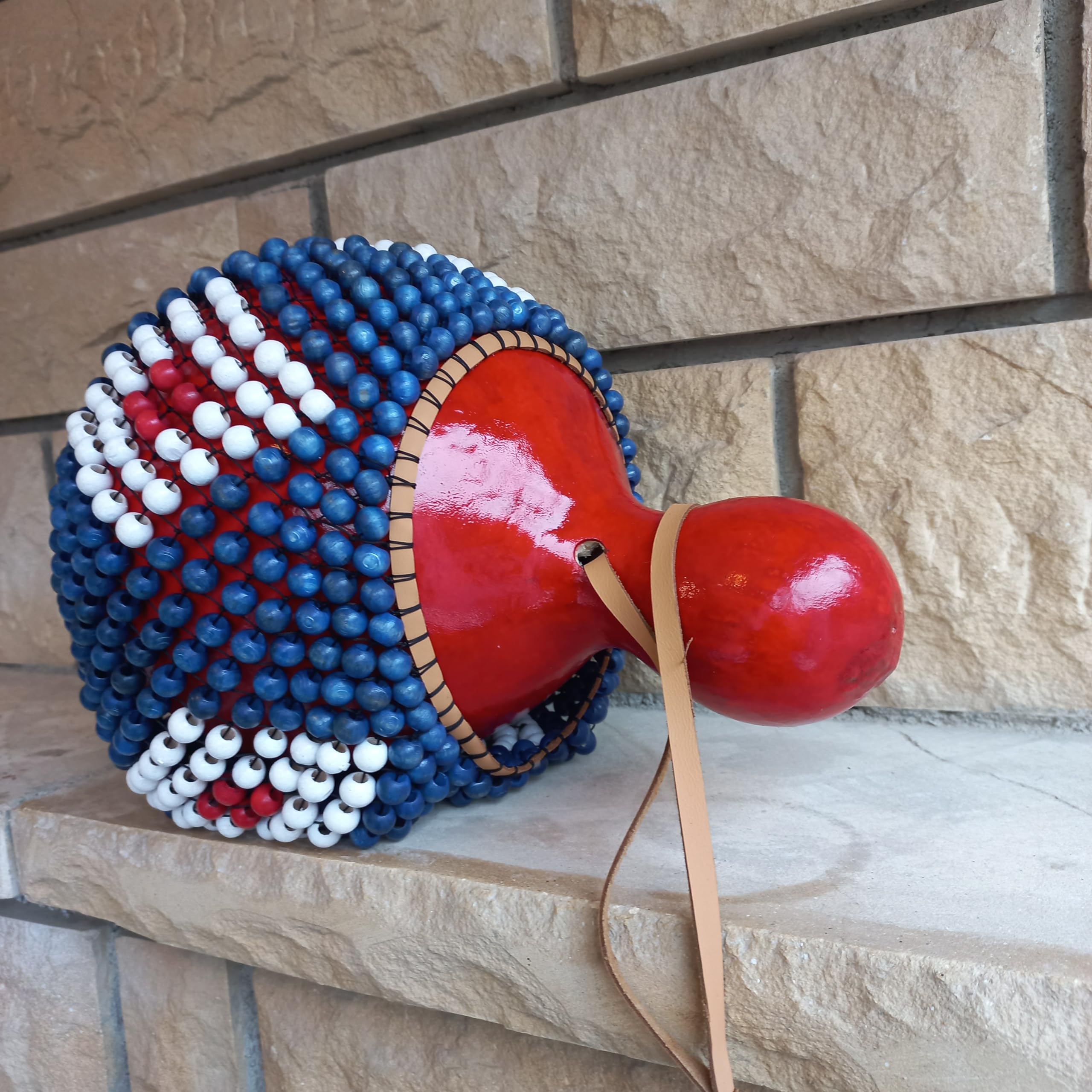 Red White Blue Beaded Shekere - Handcrafted Latin Percussion Instrument for Musicians | Perfect Gift for Birthdays, Music Lovers & Performers | Great for Live Shows, Studio Recording & Cultural Events