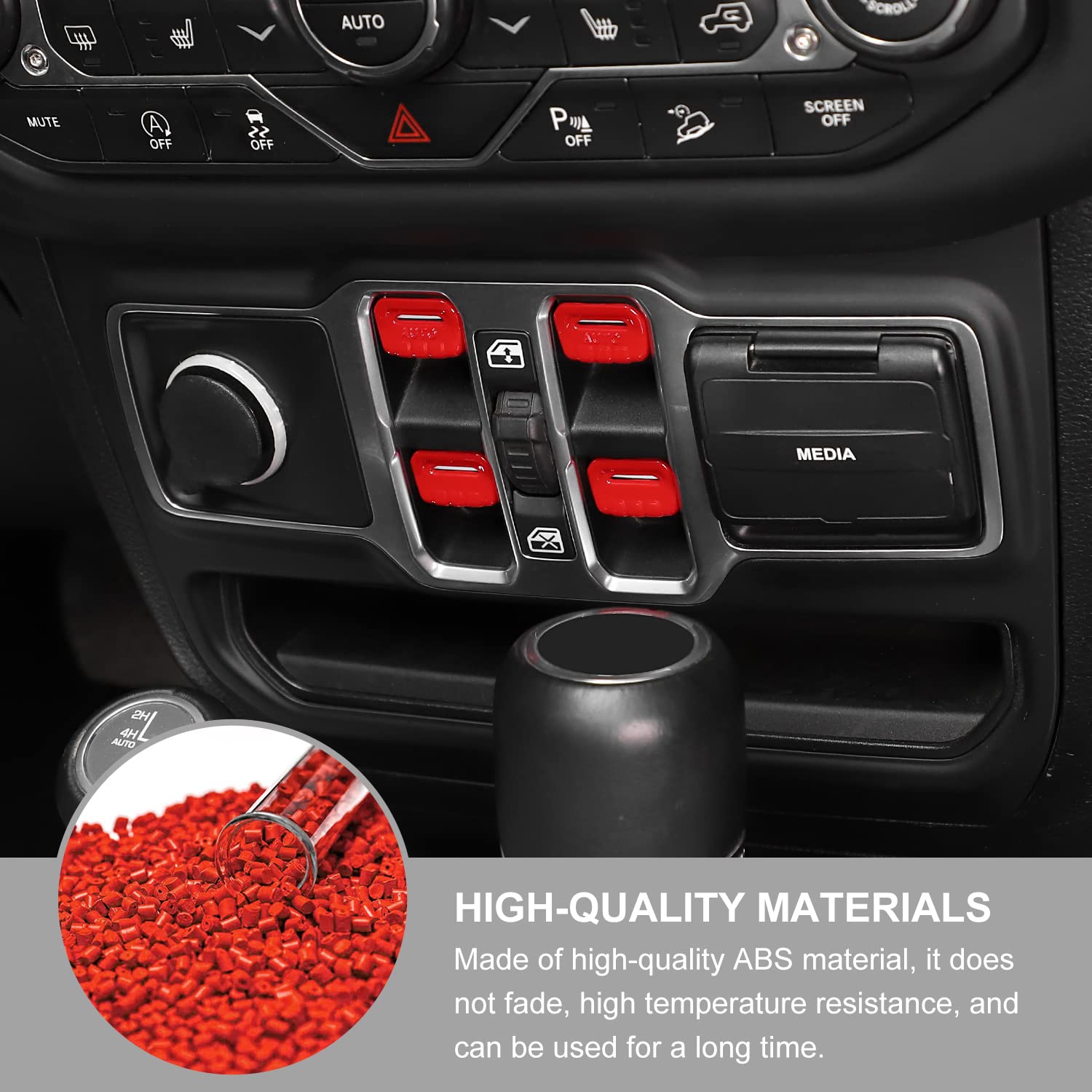 Jeep Wrangler JL/JLU (2018-2024) & Gladiator JT (2020-2024) 4-Piece Red Center Console Window Button Switch Cover Trim Kit - Interior Accessories for Enhanced Style & Protection - Perfect for Off-Roading & Daily Driving