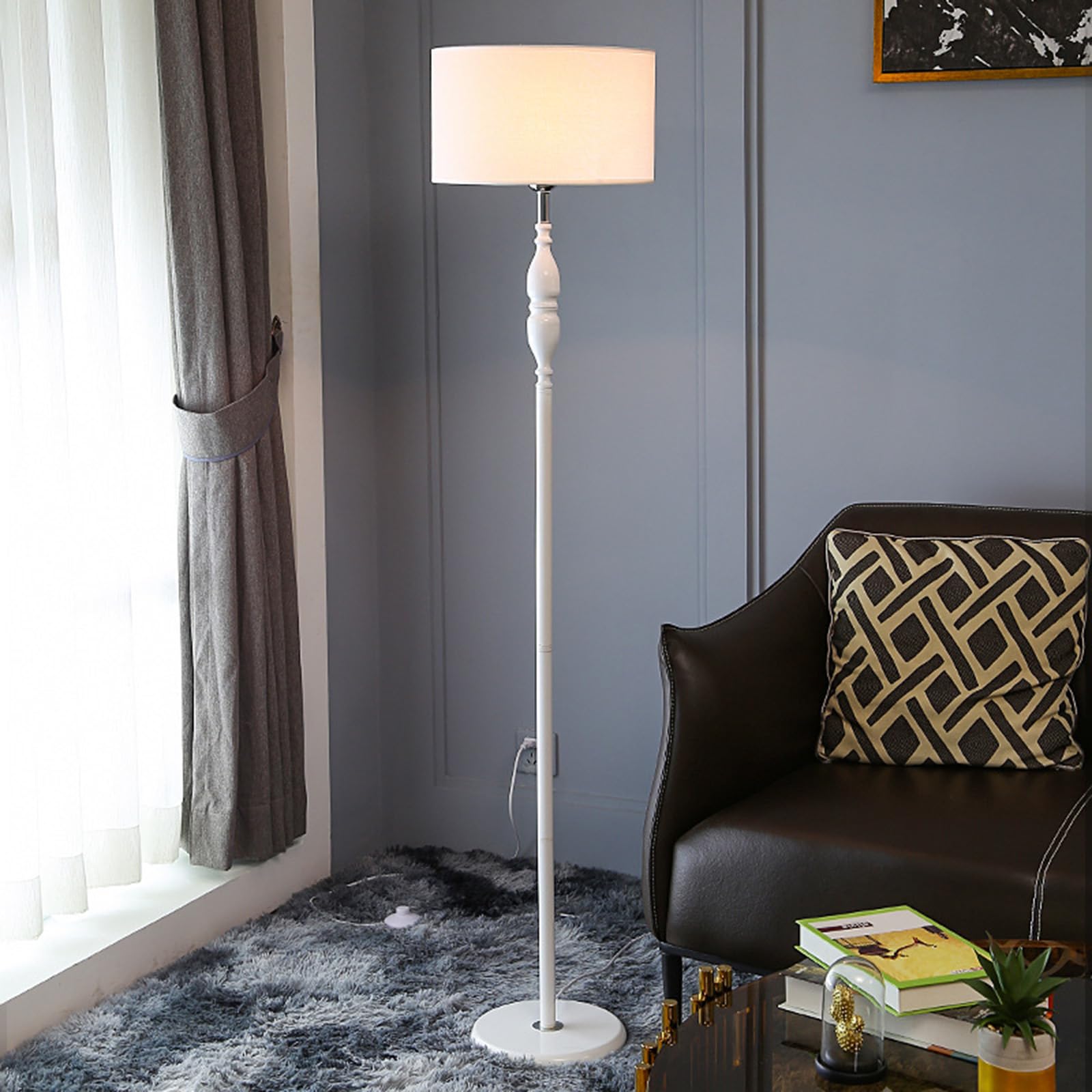 Modern Wood Standing Lamp with Fabric Shade - ON/Off Foot Switch - Farmhouse Tall Floor Lamp for Living Room, Bedroom, Office - Perfect for Reading Nook & Cozy Home Decor