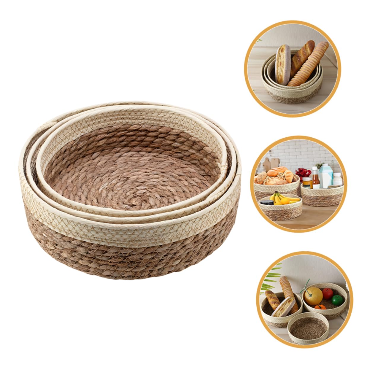 PRETYZOOM Rustic Farmhouse Woven Storage Basket Set - 3-Piece Round Bread & Fruit Basket Collection for Kitchen, Dining Room Decor & Organizing (Natural Fiber, Decorative Storage Boxes) - Perfect for Farmhouse Style Homes, Picnics & Gift Giving