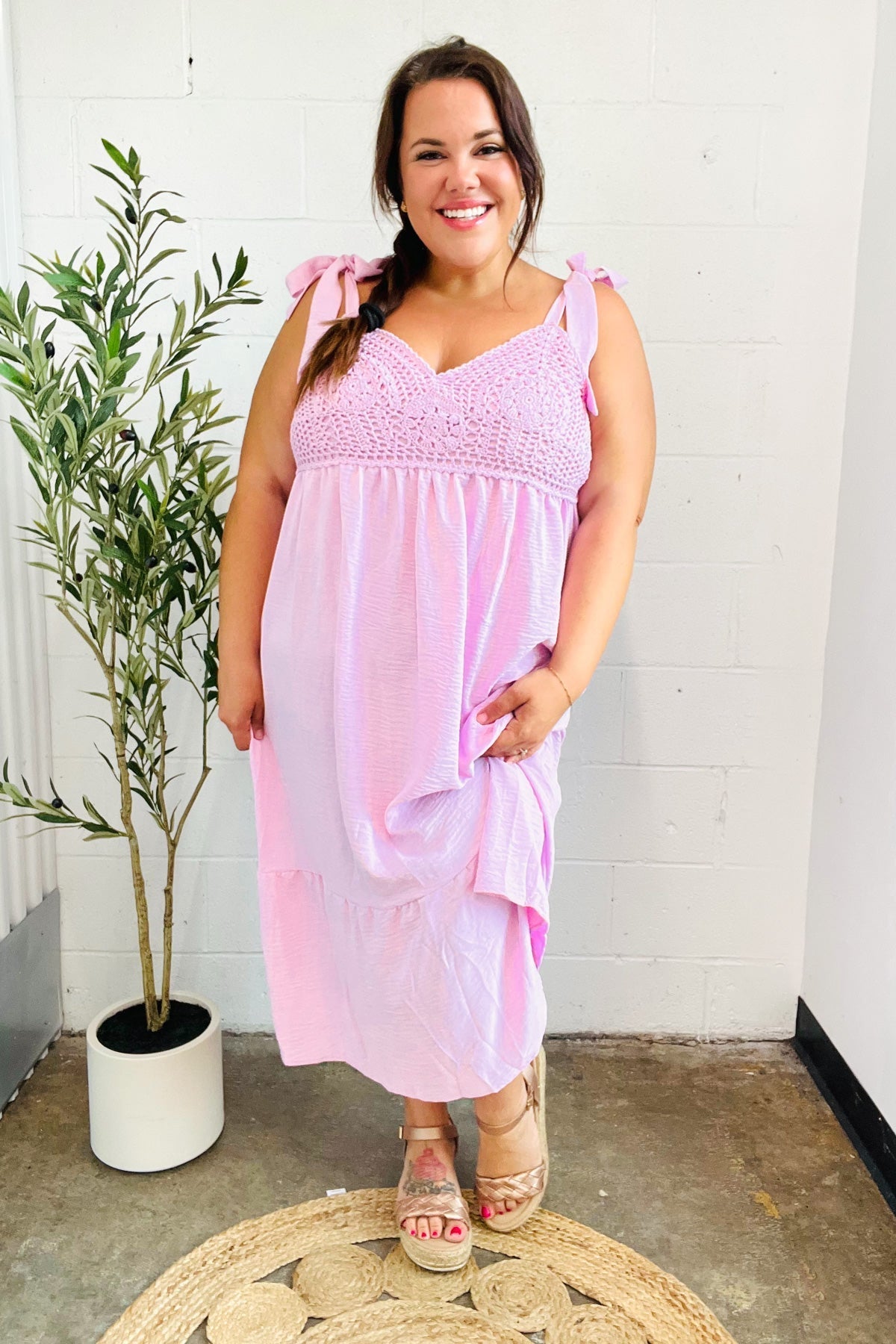 Elegant Pink Crochet Lace Babydoll Midi Dress for Women - Romantic Summer Outfit for Date Night & Beach Vacations