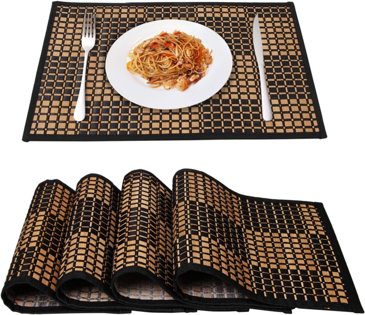 Eco-Friendly Bamboo Placemats Set of 4 - Stain & Heat Resistant Dining Table Mats - Durable Kitchen Table Place Mats for Everyday Use - Perfect for Family Dinners, Parties & Home Decor (Black)