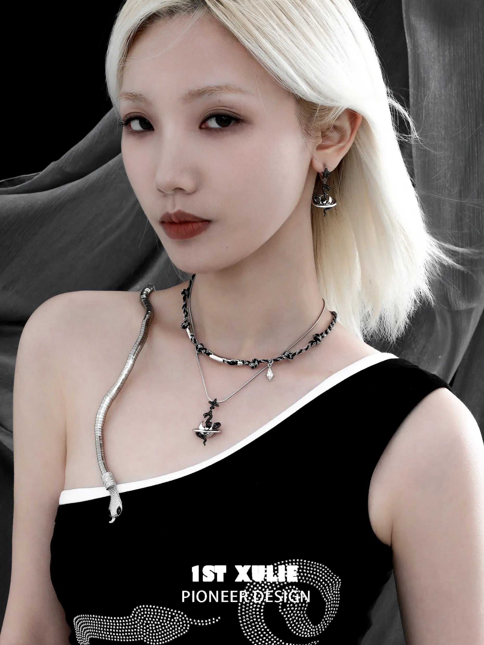 18k Platinum Plated Snake Bite Serpent Link Pendant Necklace - White & Black Entwined Design for Gothic Jewelry Lovers | Perfect for Halloween, Dark Fashion & Statement Accessories