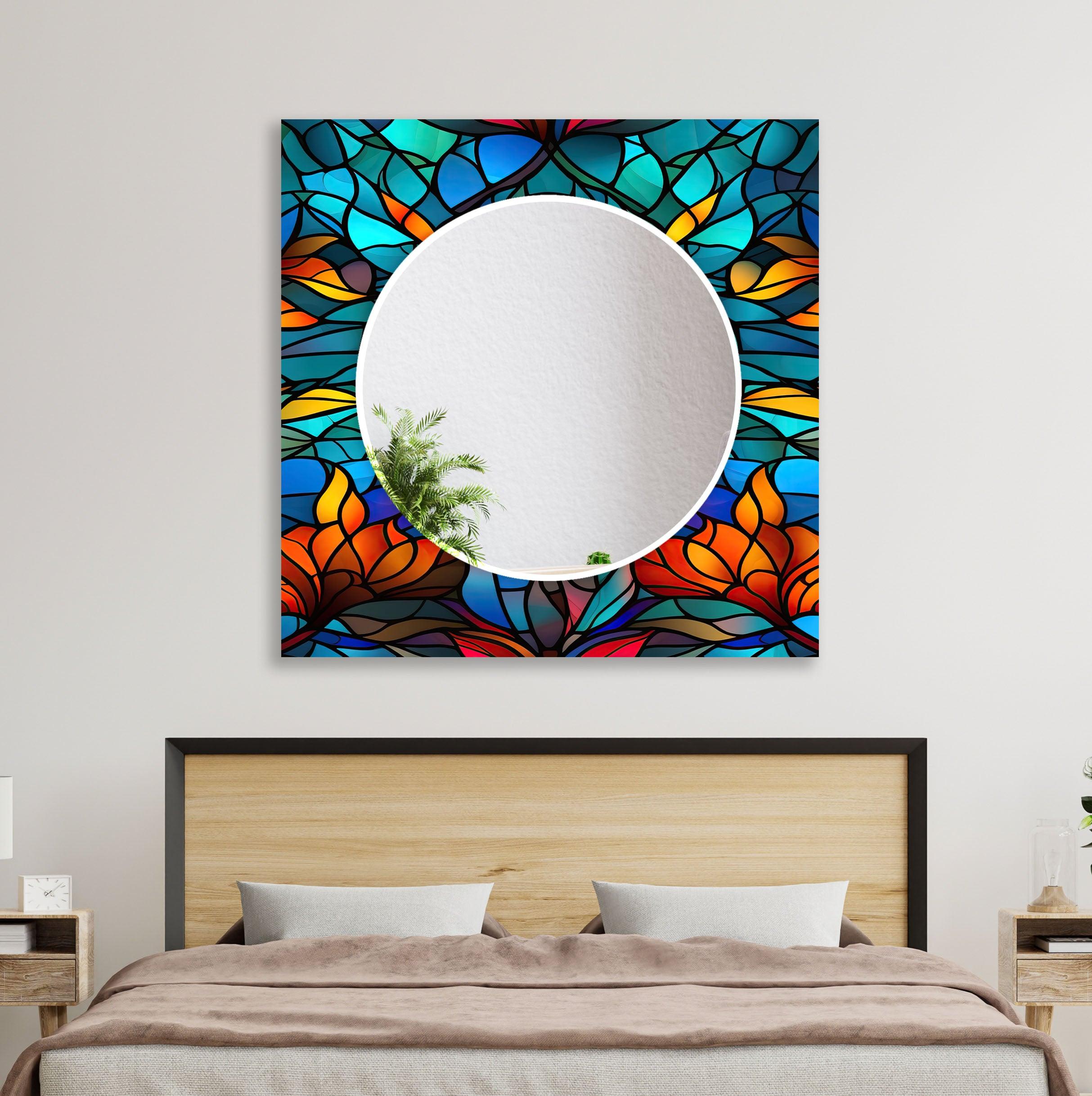 Blue Orange Leaf Wall Mirrors - Decorative Round Mirror for Living Room, Bedroom, Bathroom - Boho Home Decor Accent Piece