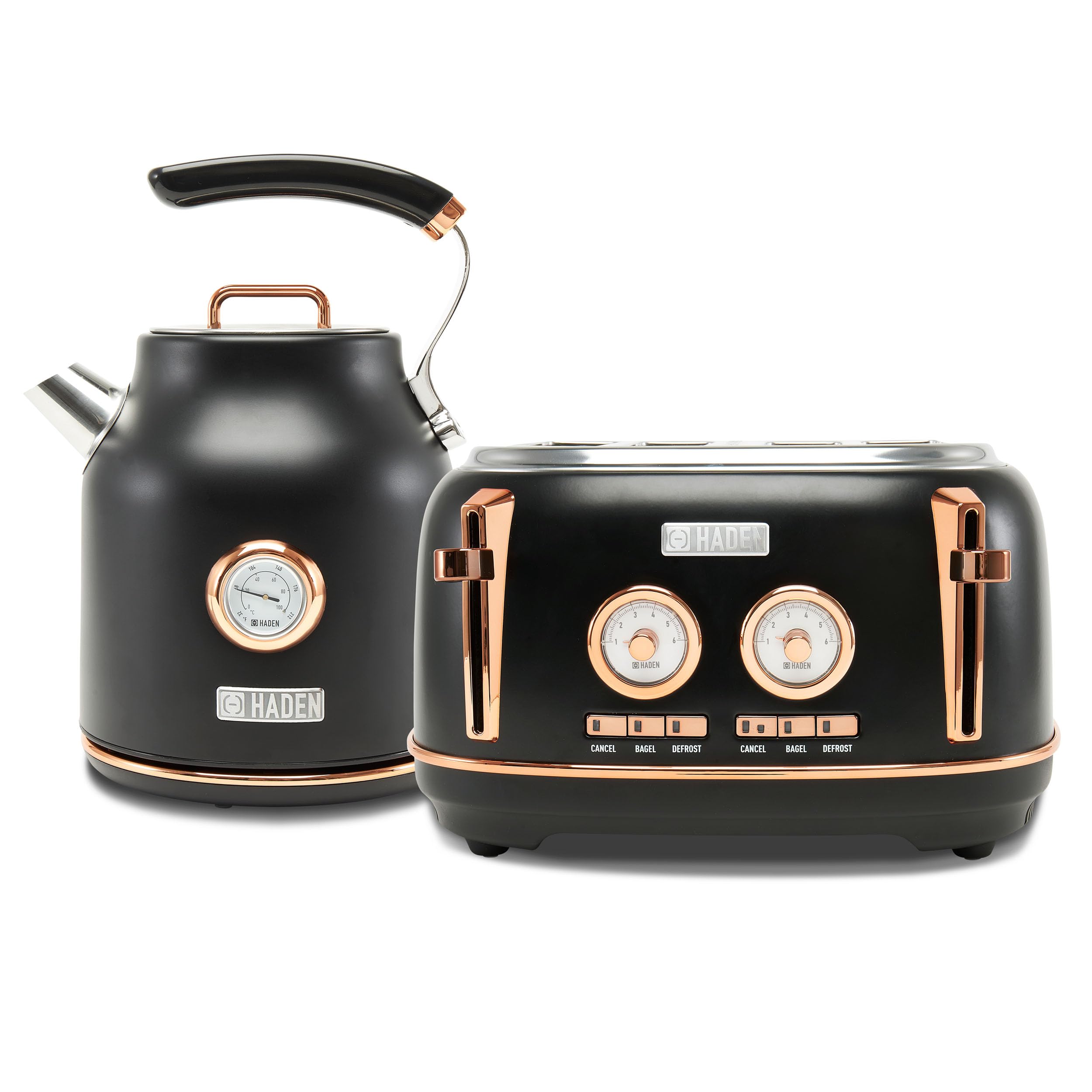 Haden Dorset 1.7L Electric Kettle & 4-Slice Toaster Set - Stainless Steel with 360° Swivel Base, Black & Copper - Perfect for Kitchen, Office, Dorm & Tea/Coffee Lovers