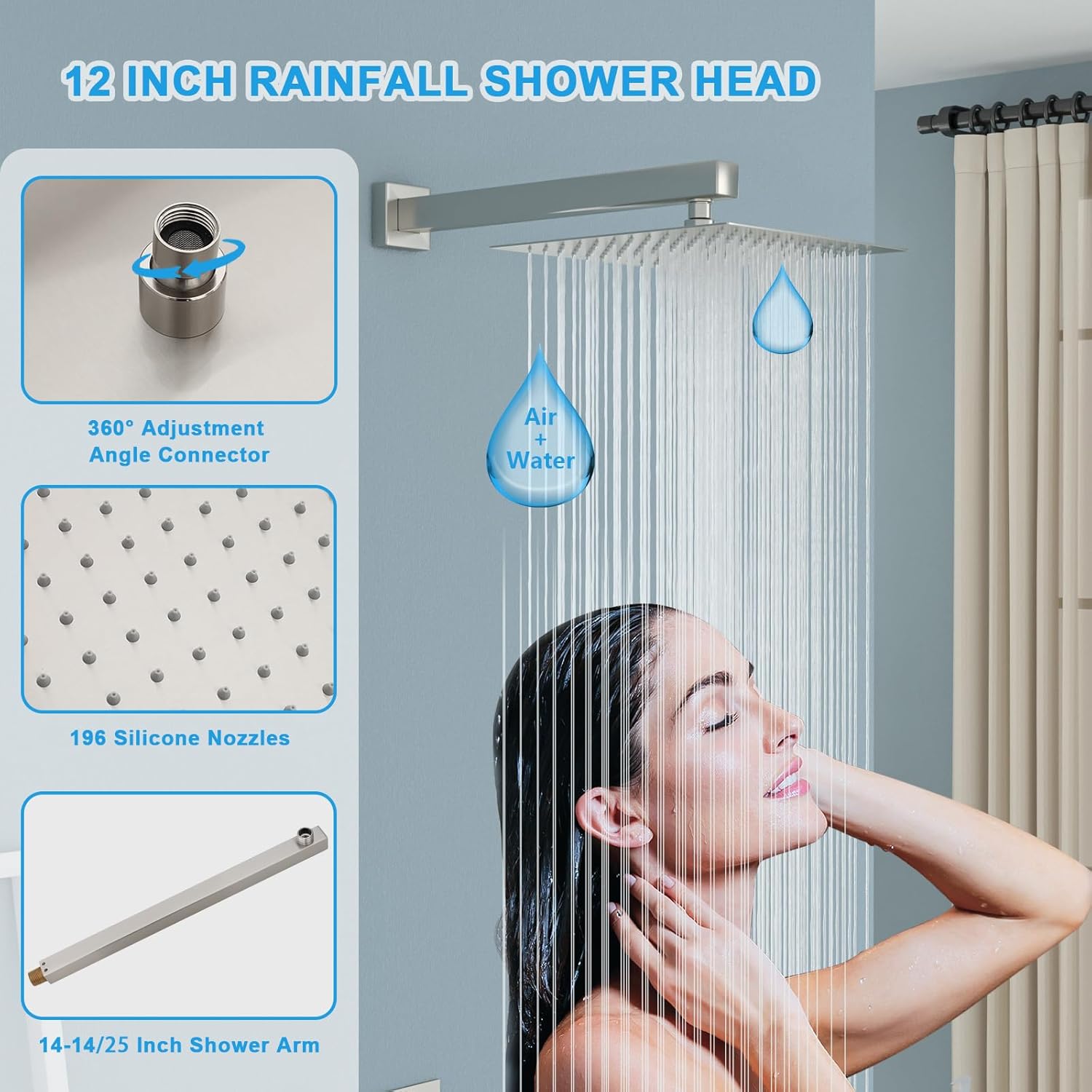 Lordear 12 Inch Stainless Steel Square Rain Shower Head with Handheld Sprayer and Faucet - Wall Mounted Bathroom Fixture for Luxurious Rainfall Shower Experience