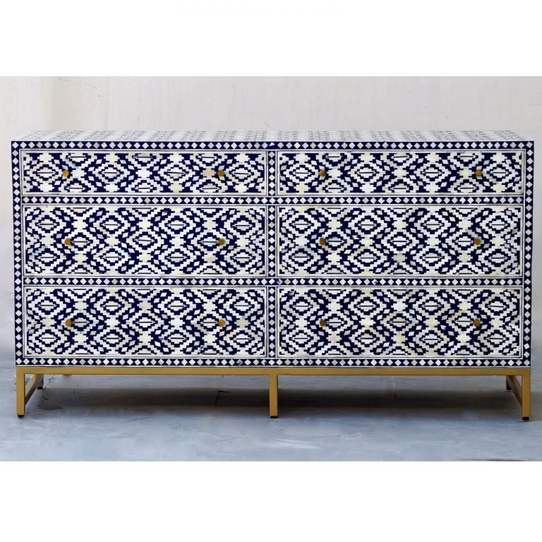 Handmade Bone Inlay Navy Blue Dresser with 6 Drawers - Vintage Boho Bedroom Furniture for Storage & Organization