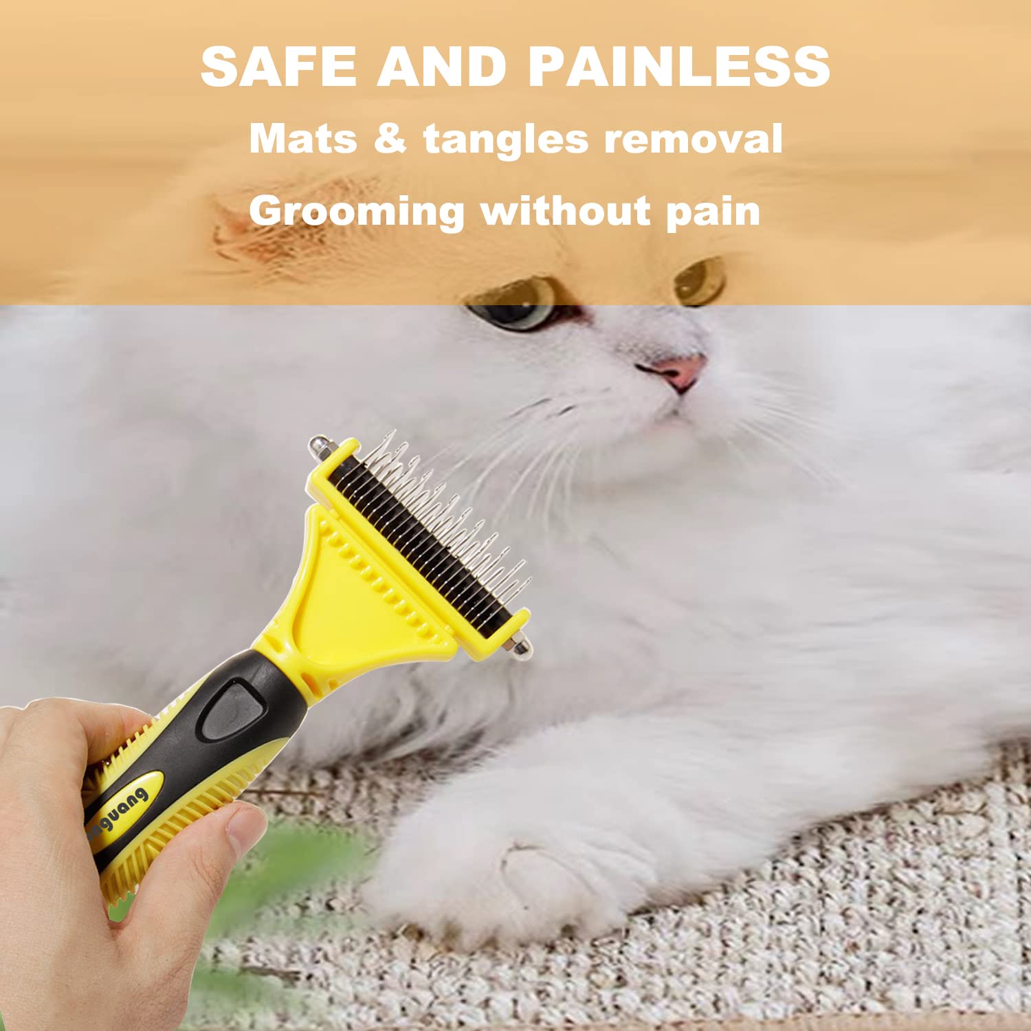 2-Sided Pet Dematting Comb for Cats & Dogs - Safe Undercoat Rake Grooming Tool for Removing Mats & Tangles - Medium/Long Hair Shedding Brush (Yellow) - Perfect for Home Grooming & Professional Pet Care