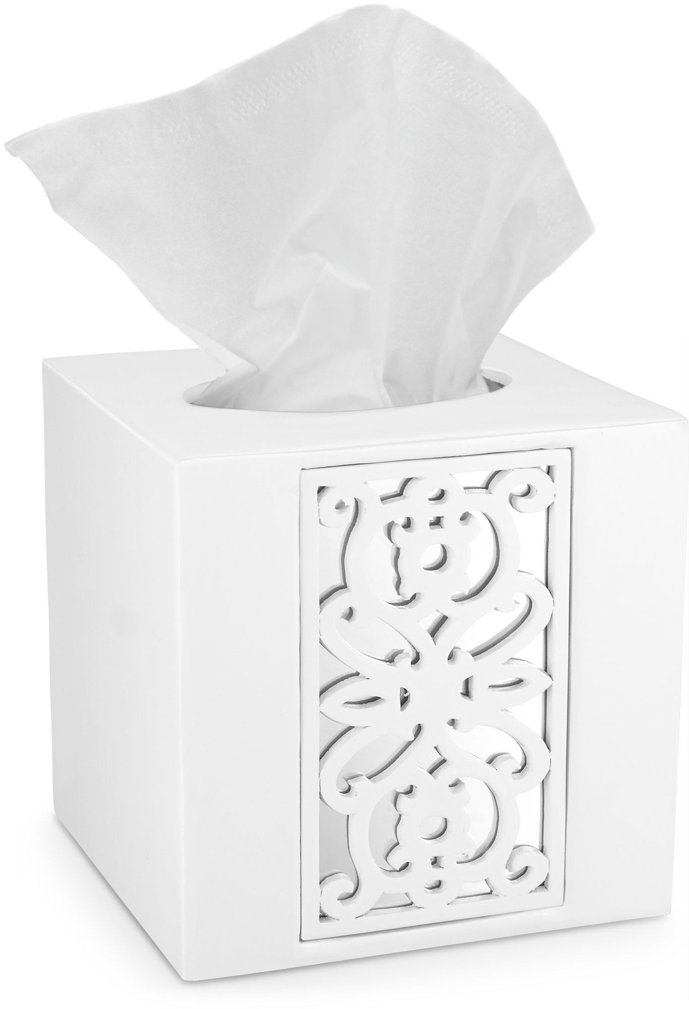 Creative Scents Mirror Janette White Square Tissue Box Cover - Decorative Bathroom Tissue Holder with Durable Bottom Slider - Elegant Mirrored Organizer for Home & Office Decor