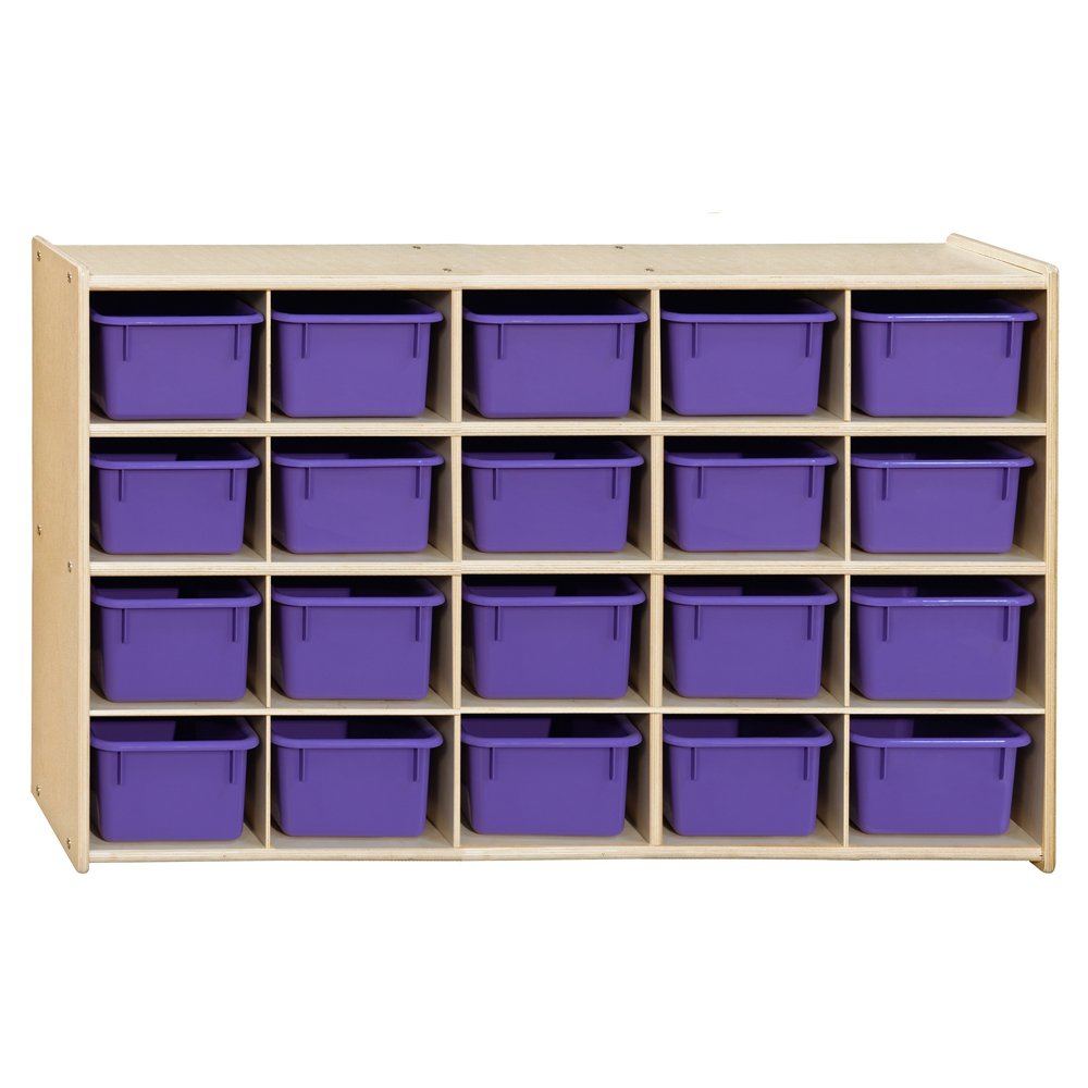 Contender Cubby Storage Shelf with 20 Purple Trays - Kids Toy Organizer, Classroom & Home Storage Solution - Durable Hardwood Cabinet for Toys, Books & School Supplies