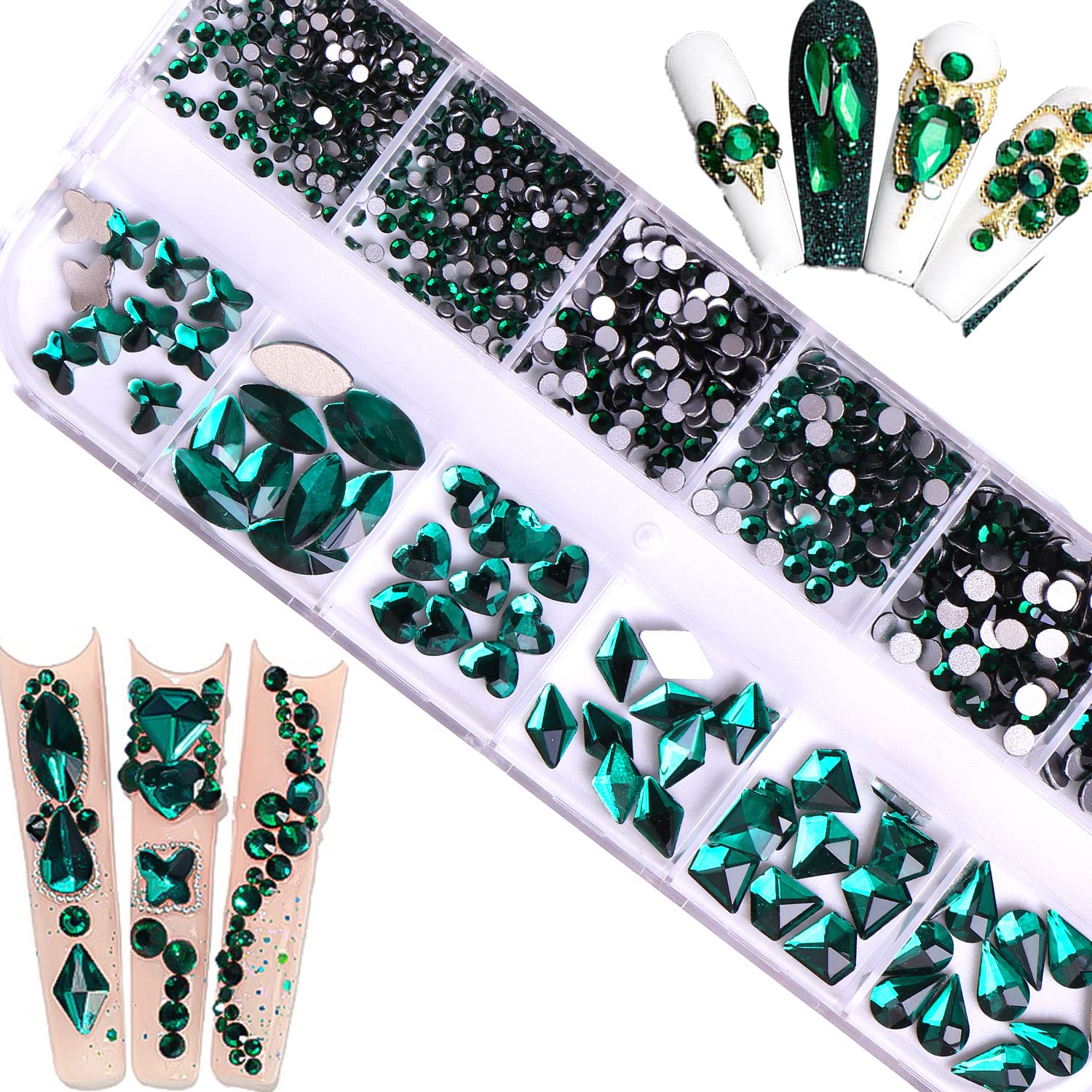 RODAKY 810Pcs 3D Rhinestones for Nails - 6 Shapes Flatback Gems, Nail Art Rhinestone Beads for DIY Nail Design, Makeup & Jewelry Crafting (Green) | Perfect for Salon, Home Manicure, Party & Wedding Nail Decorations