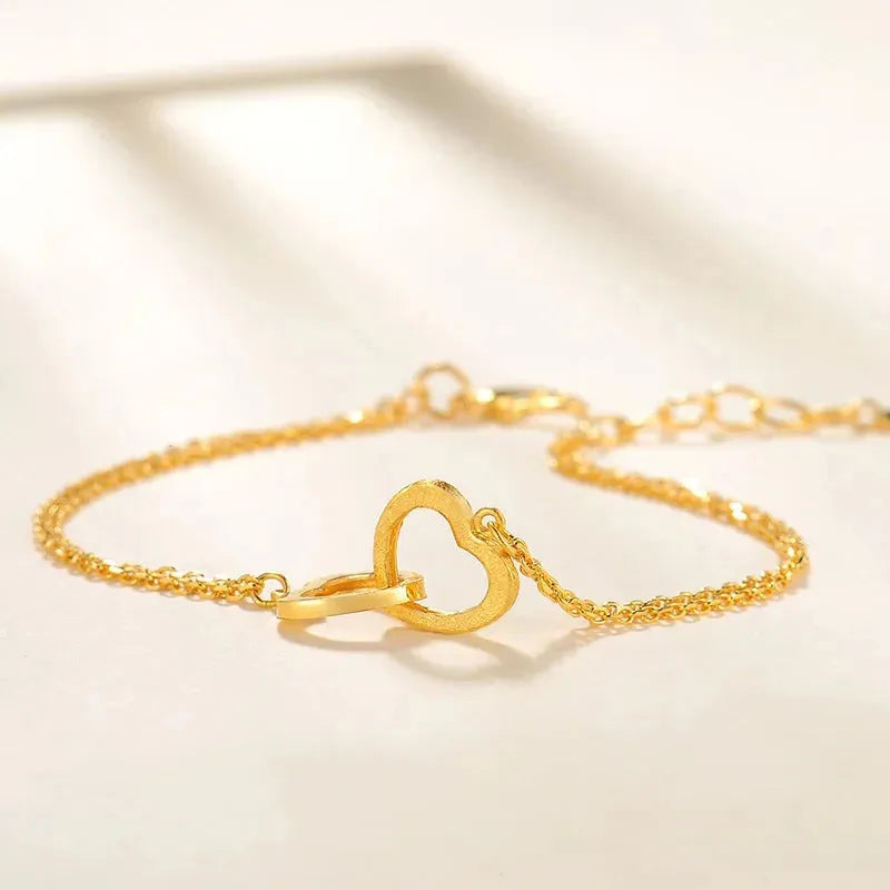 24K Pure Gold Bracelet for Women - 999 Solid Real Gold Bangle with Heart Charm, Elegant & Romantic Jewelry Gift for Her | Anniversary, Valentine's Day, Birthday Present
