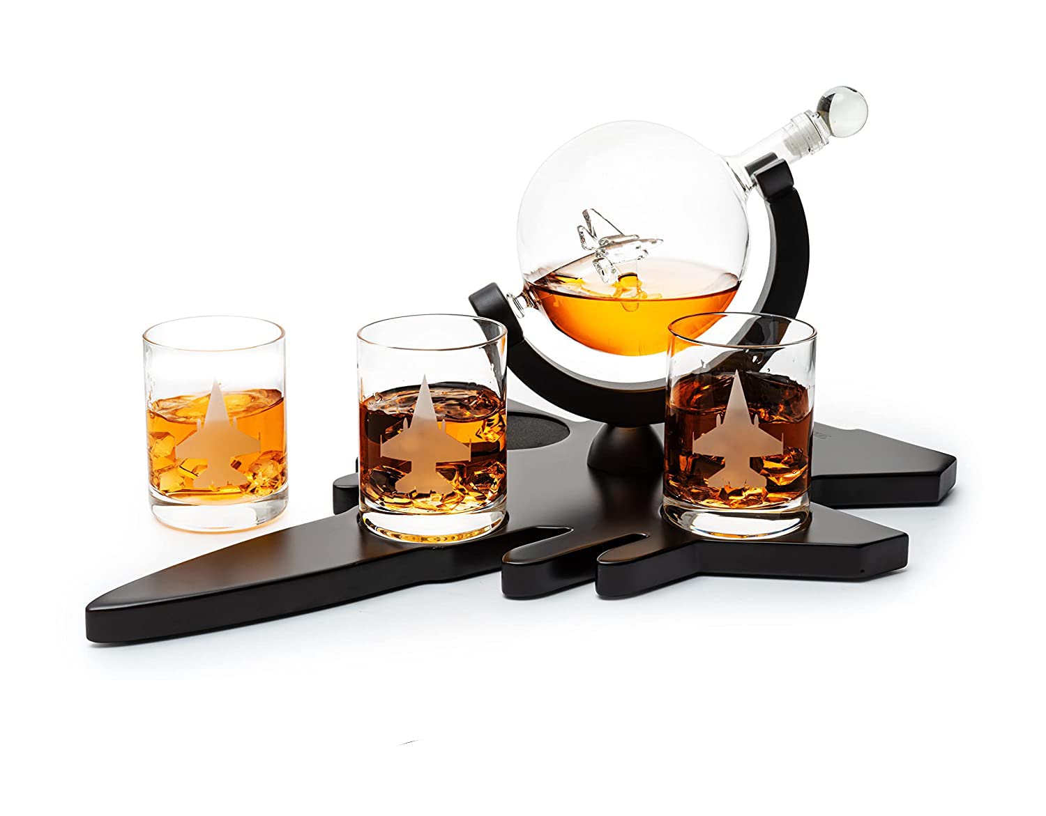 Fighter Jet Wine & Whiskey Decanter Set - F16, F15, F18, F22 with 3 Glasses | Bourbon, Scotch & Vodka Decanter | Perfect Pilot, Aviation & Military Veteran Gifts | Airplane Figurine for Home Bar & Cocktail Party Decor