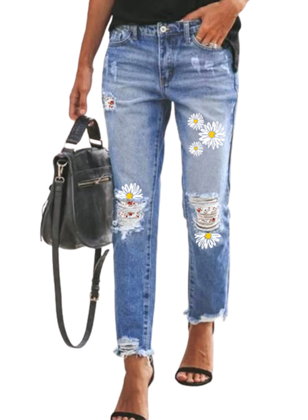 EVALESS Women's Ripped Boyfriend Jeans - Distressed Skinny Denim Pants with Plaid Patch Design | Casual Streetwear & Everyday Fashion