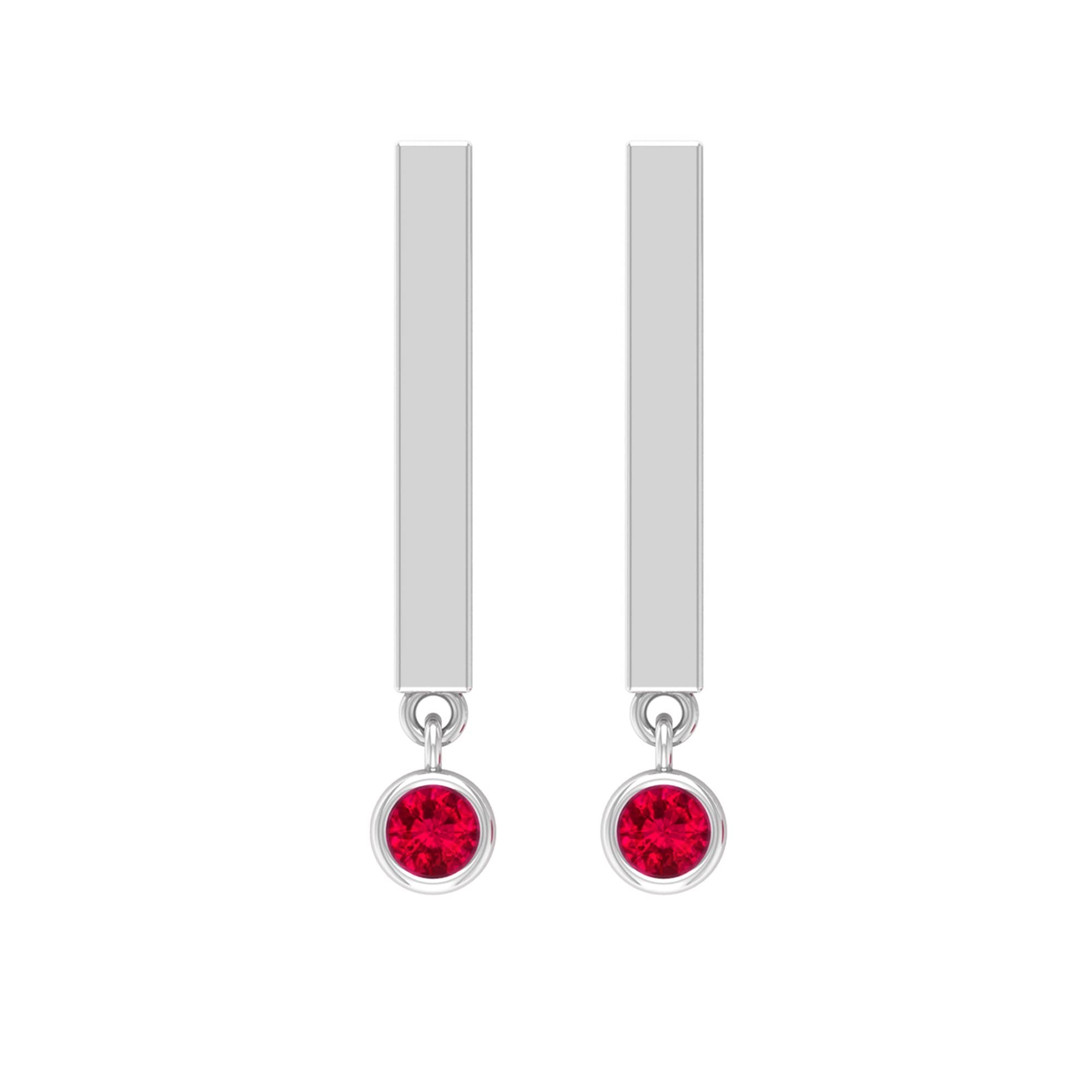 14K Solid Gold Round Ruby Earrings for Women - Bezel Set Ruby and Gold Bar Drop Earrings, Screw Back Birthstone Jewelry Pair - Perfect for Weddings, Anniversaries & Special Occasions